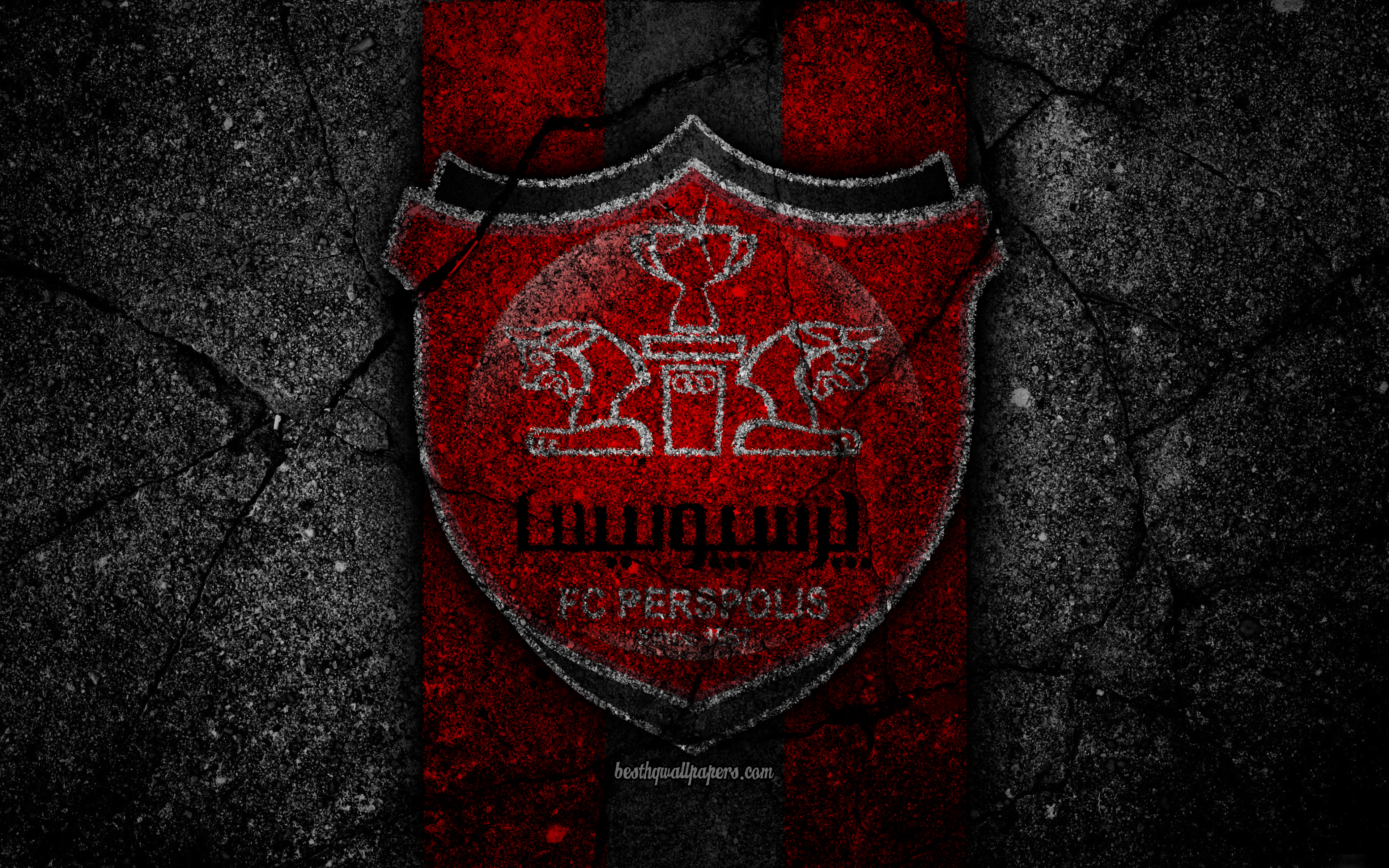 Download wallpaper FC Persepolis, 4k, emblem, Persian Gulf Pro League, soccer, Iran, Persepolis, black stone, football, logo, asphalt texture, Persepolis FC, Iranian football club for desktop with resolution 3840x2400. High Quality HD