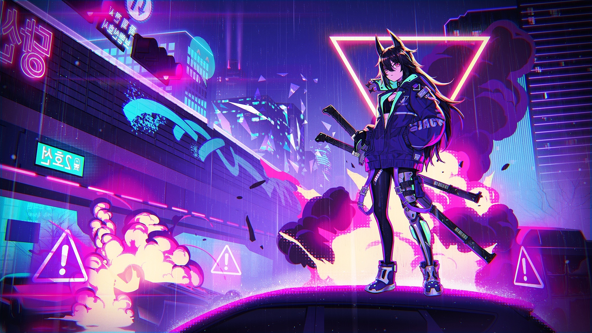 Wallpaper Cyberpunk, Anime Girl, Neo Seoul, Swords, Neon, Raining:1920x1080