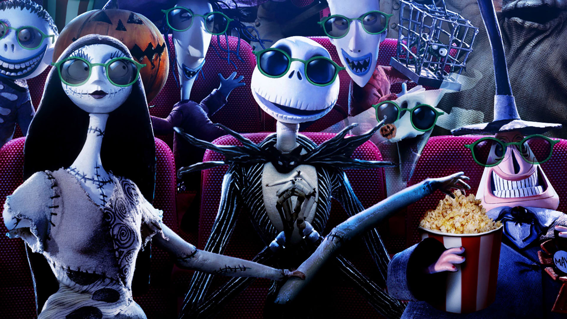 the nightmare before christmas jack skellington wearing goggles watching movie in theater HD movies Wallpaper