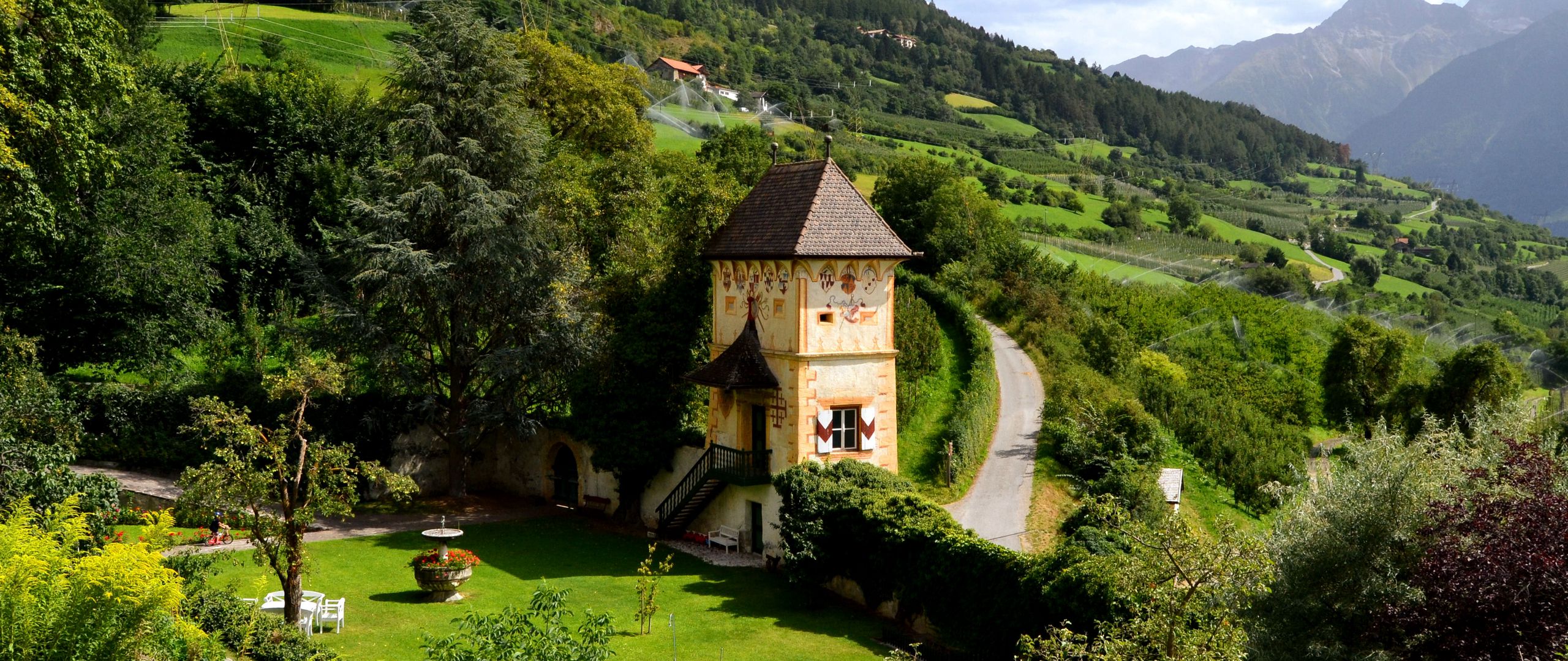 Download wallpaper 2560x1080 house, swimming pool, mountain, top view, landscape dual wide 1080p HD background