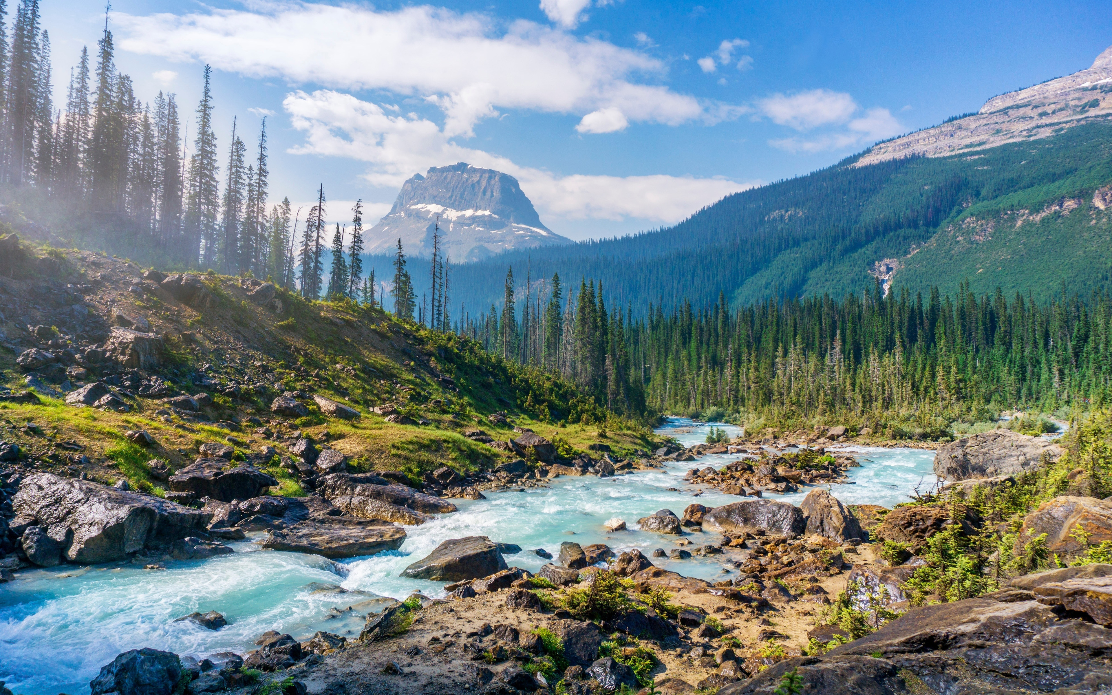 Download wallpaper 4k, Yoho National Park, river, mountains, forest, summer, British Columbia, Canada, beautiful nature, North America, HDR for desktop with resolution 3840x2400. High Quality HD picture wallpaper