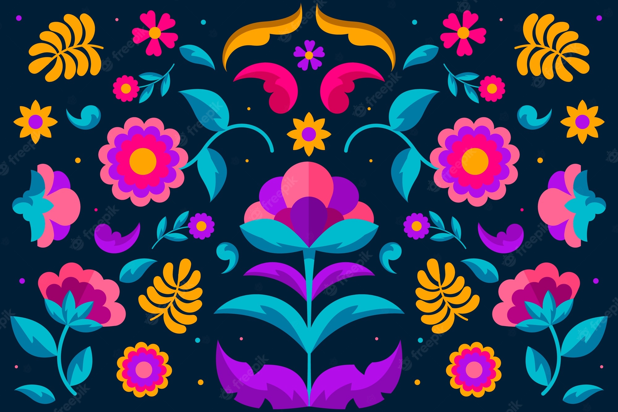 Free Vector. Colourful mexican wallpaper with floral ornaments