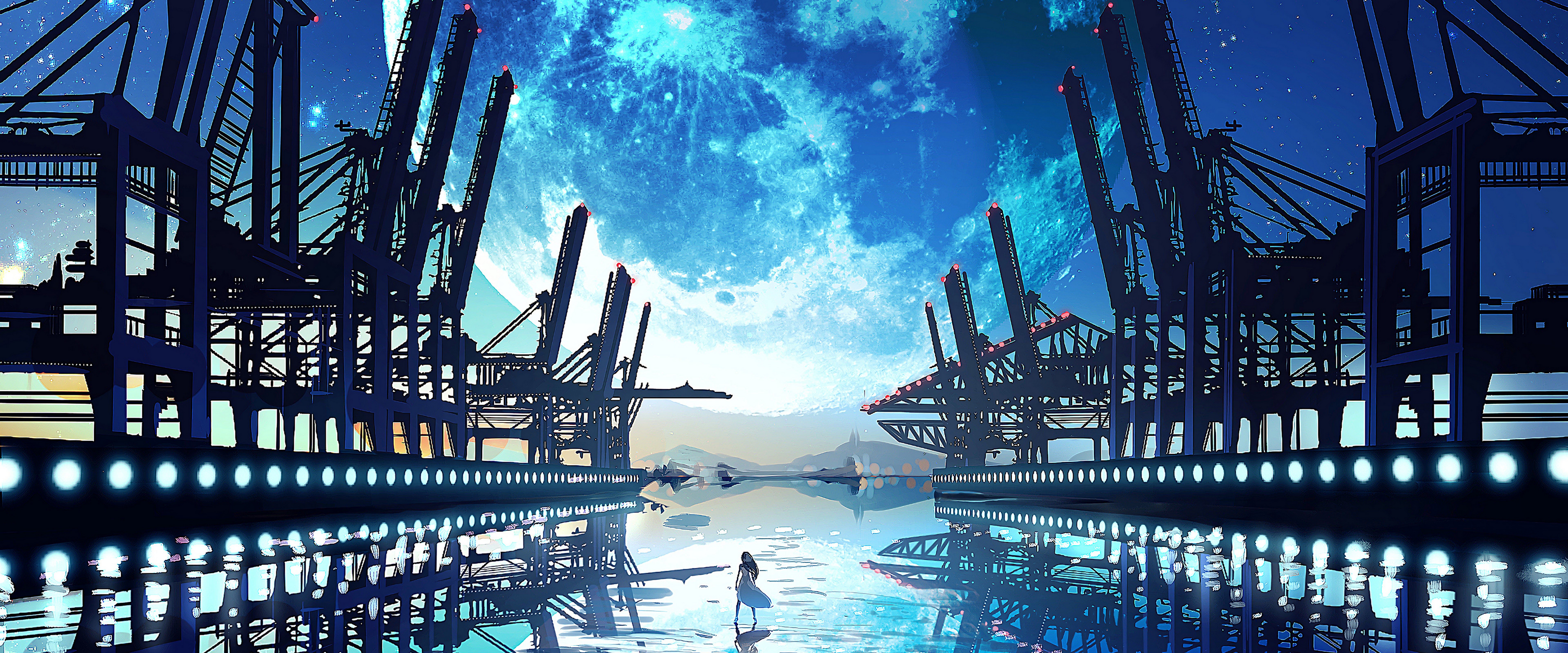 Anime Scenery Landscape Moon 4K Wallpaper