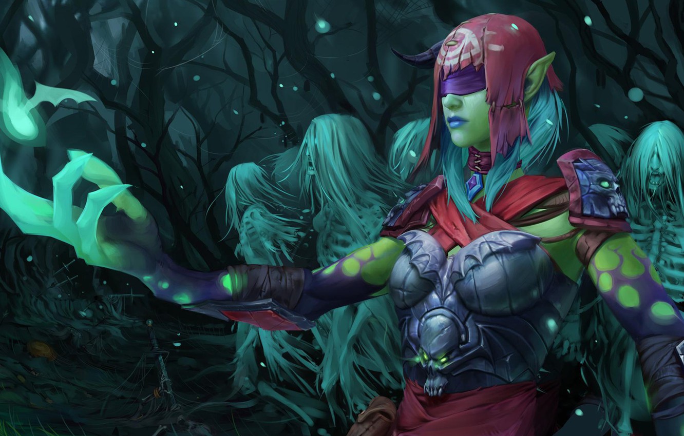 Wallpaper forest, girl, art, headband, ghosts, soul, skeletons, Dota Death Prophet, Krobelus image for desktop, section игры