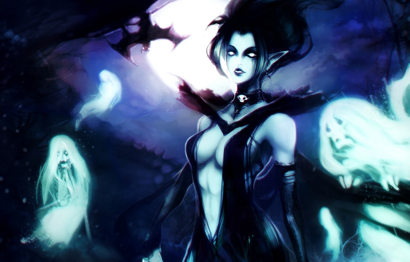 Wallpaper girl, night, the moon, art, bat, ghosts, soul, Dota Death Prophet, Krobelus, Gemmaqw image for desktop, section игры