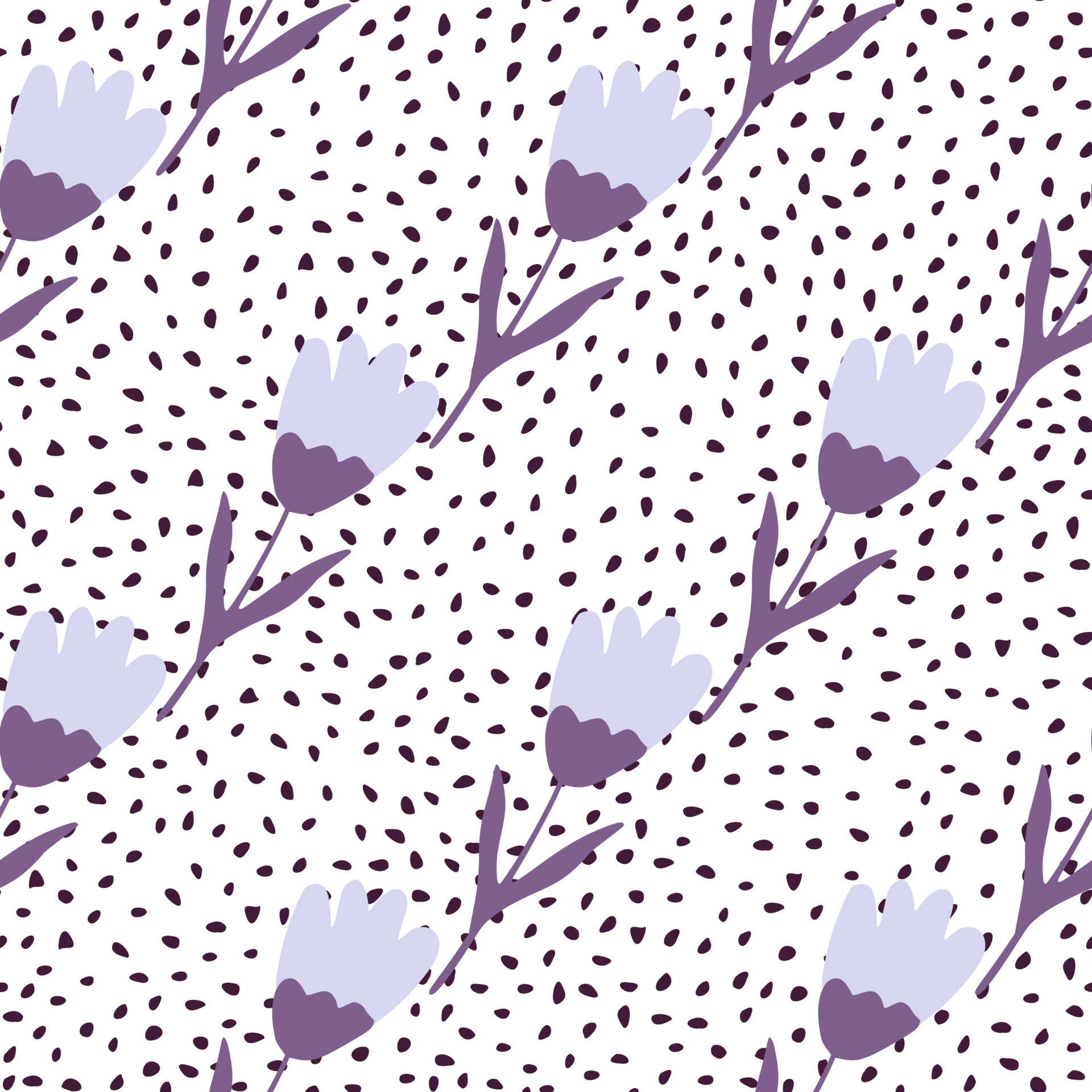 Purple tulip seamless pattern on dots background. Cute flower wallpaper. Abstract floral backdrop