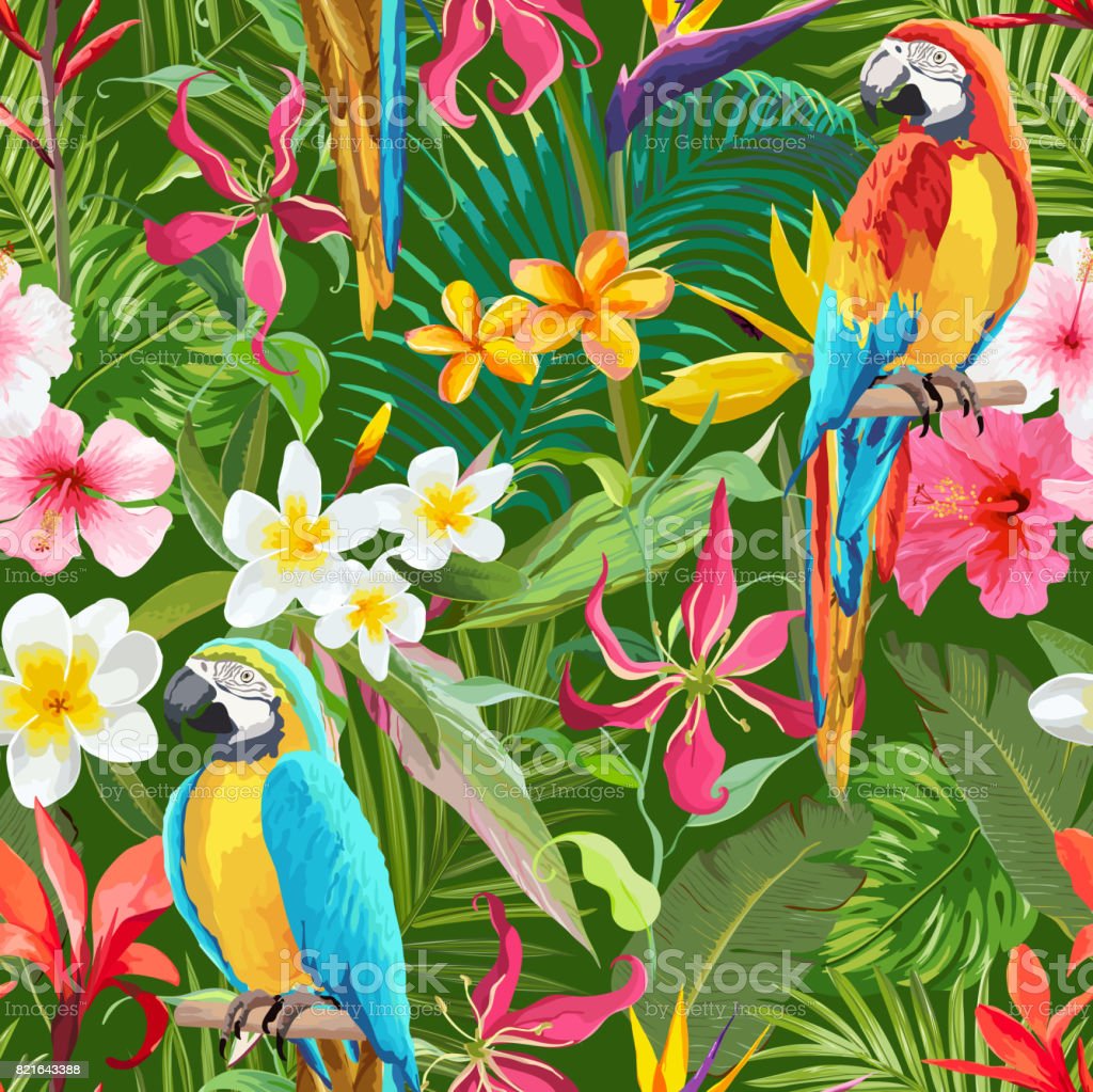 Tropical Flowers And Parrots Seamless Vector Floral Summer Pattern For Wallpaper Background Textures Textile Stock Illustration Image Now
