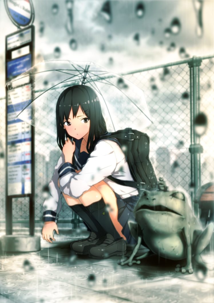 rain, School, Uniforms, Skirts, Long, Hair, Socks, Shoes, Black, Eyes, Frogs, Statues, Umbrellas, Anime, Girls, Sailor, Uniforms, Black, Hair, Skies Wallpaper HD / Desktop and Mobile Background