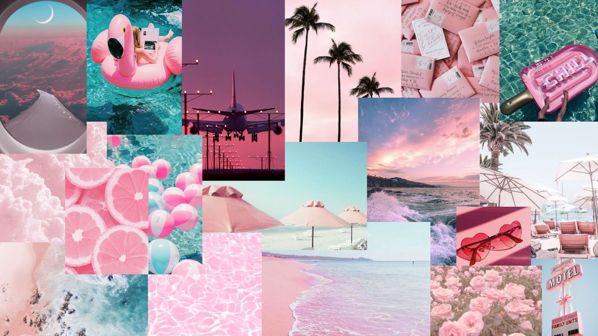 summer collage laptop wallpaper. Summer themed wallpaper, Pink wallpaper, Cute wallpaper
