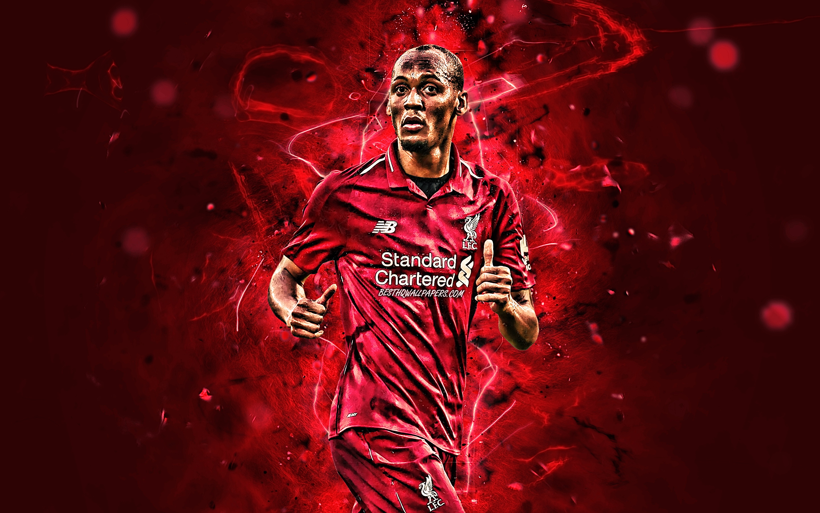 Download wallpaper Fabinho, match, brazilian footballers, Liverpool FC, soccer, Fabio Henrique Tavares, Premier League, football, LFC, neon lights, England for desktop with resolution 2880x1800. High Quality HD picture wallpaper