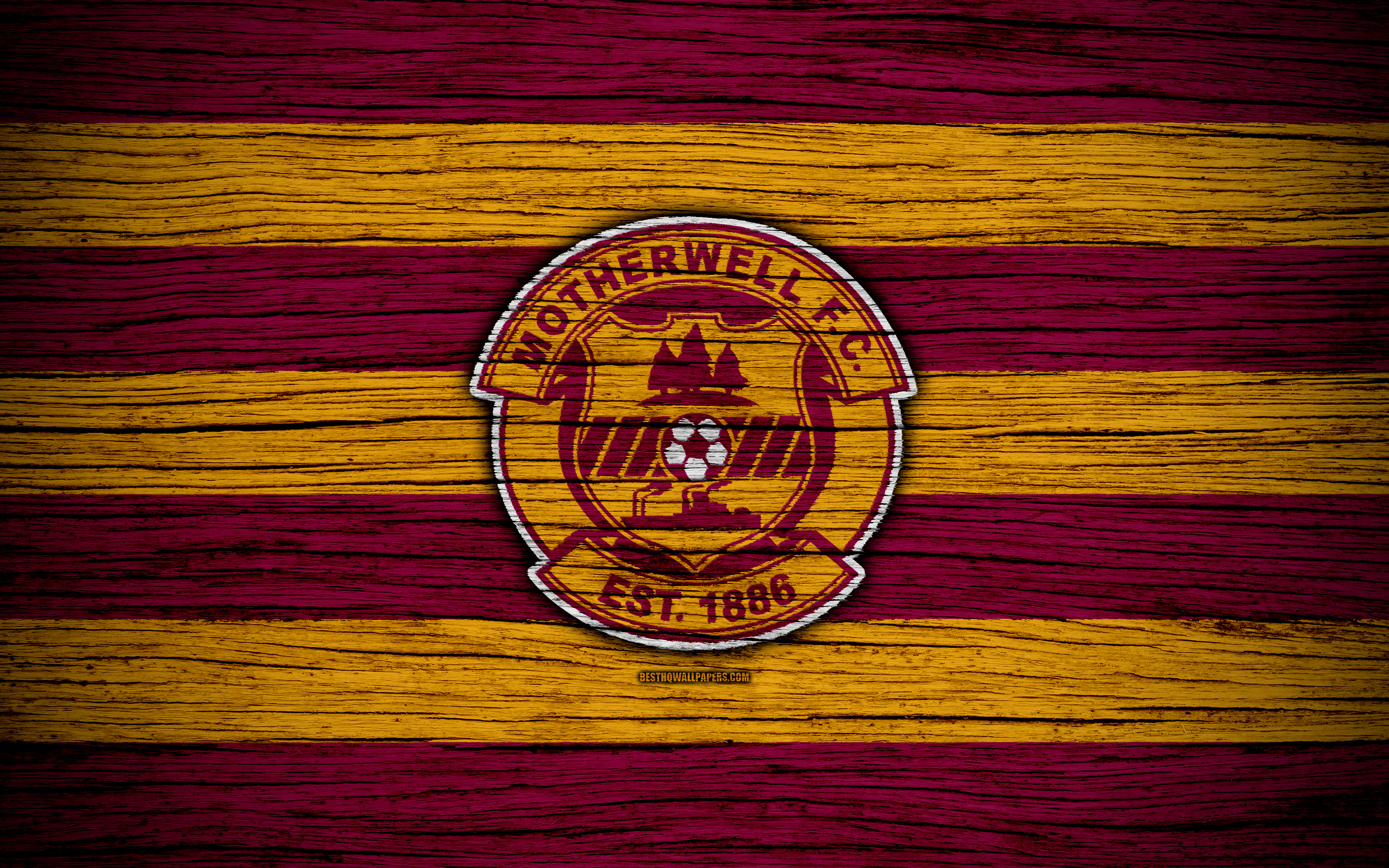 Download wallpaper 4k, Motherwell FC, logo, Scottish Premiership, soccer, football, Scotland, Motherwell, wooden texture, Scottish Football Championship, FC Motherwell for desktop with resolution 3840x2400. High Quality HD picture wallpaper