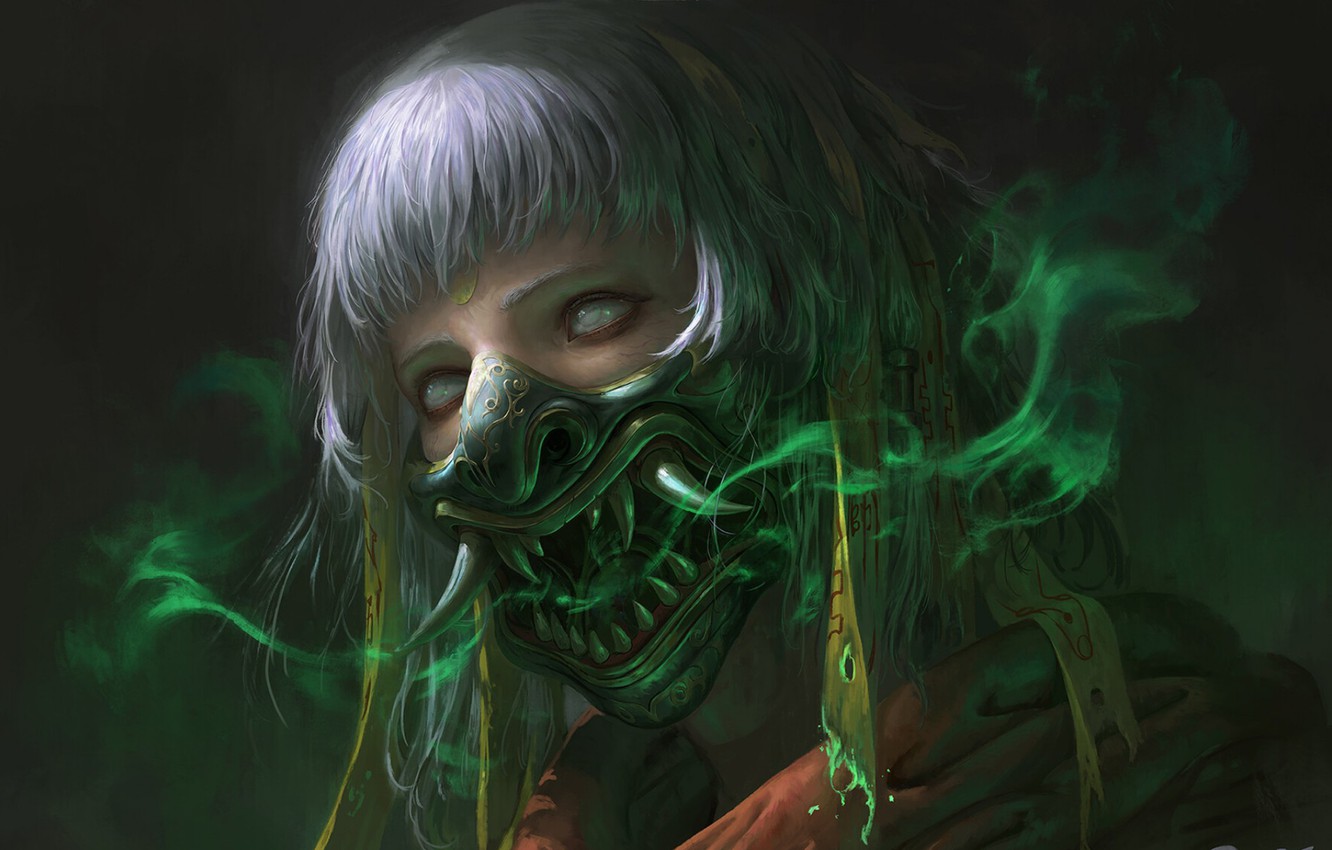 Wallpaper mouth, fangs, grin, demon, evil, horror, evil, in the dark, demon mask, evaporation, walleye, by Chin Iikhui image for desktop, section фантастика
