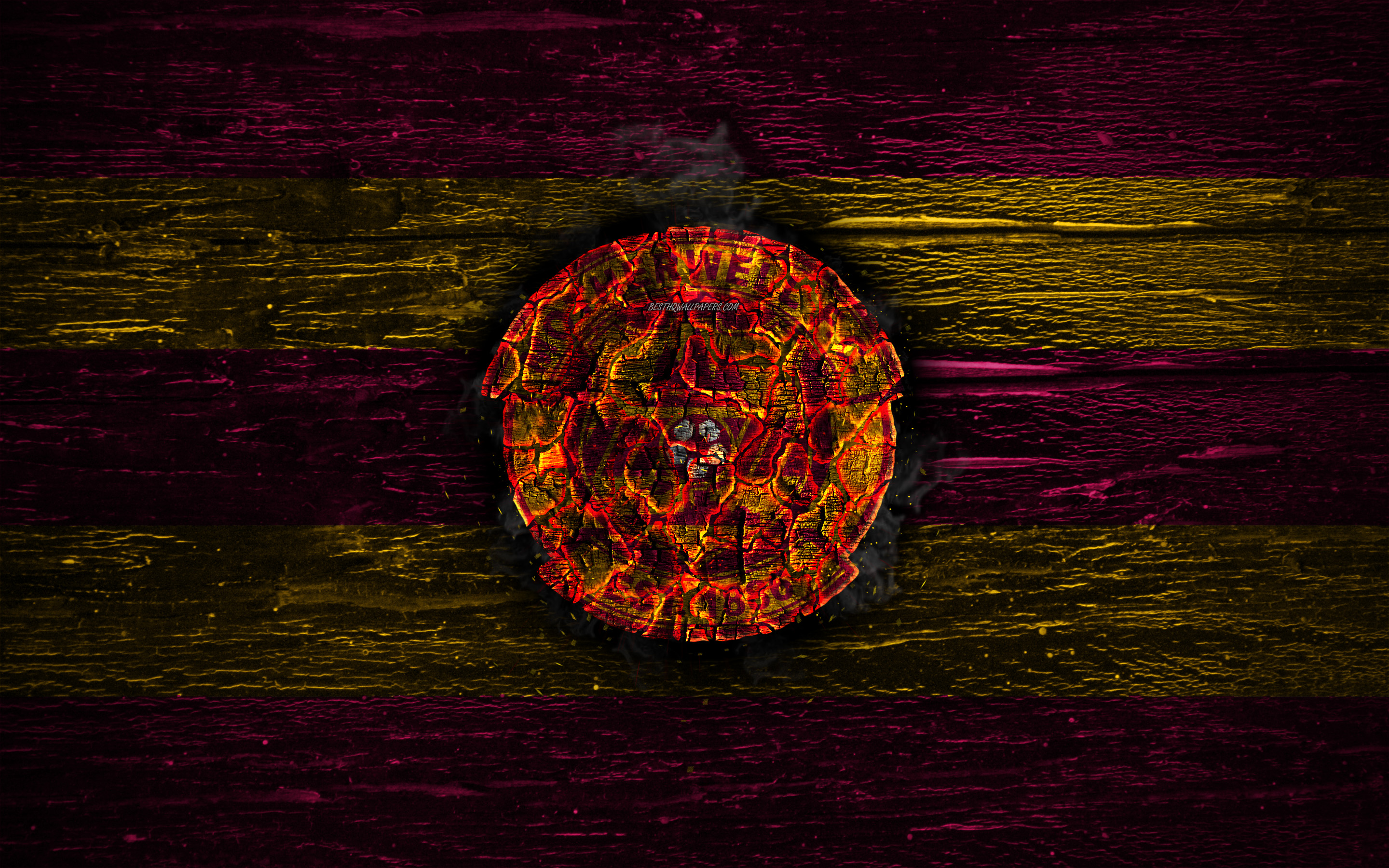 Download wallpaper Motherwell FC, fire logo, Scotland Premiership, purple and yellow lines, Scottish football club, grunge, football, soccer, Motherwell logo, wooden texture, Scotland for desktop with resolution 2880x1800. High Quality HD picture