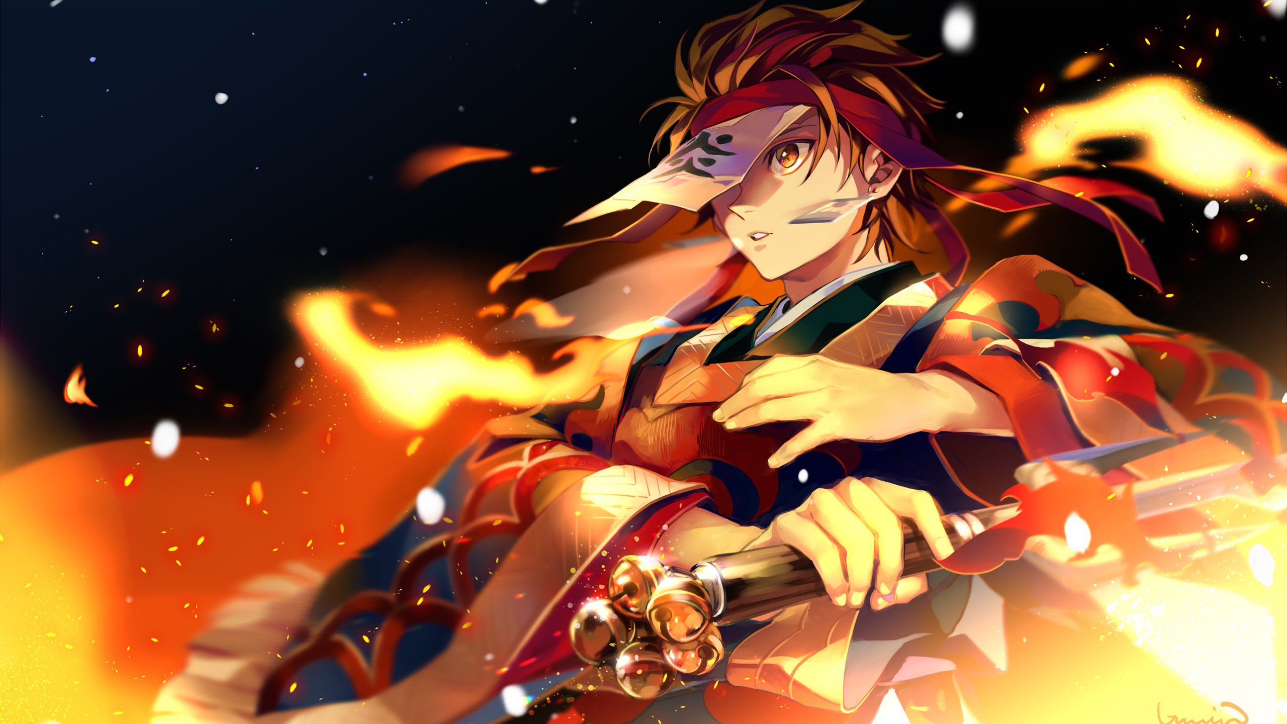 Demon Slayer Tanjiro Kamado With Sword With Black Background And Sparks HD Anime HD Wallpaper