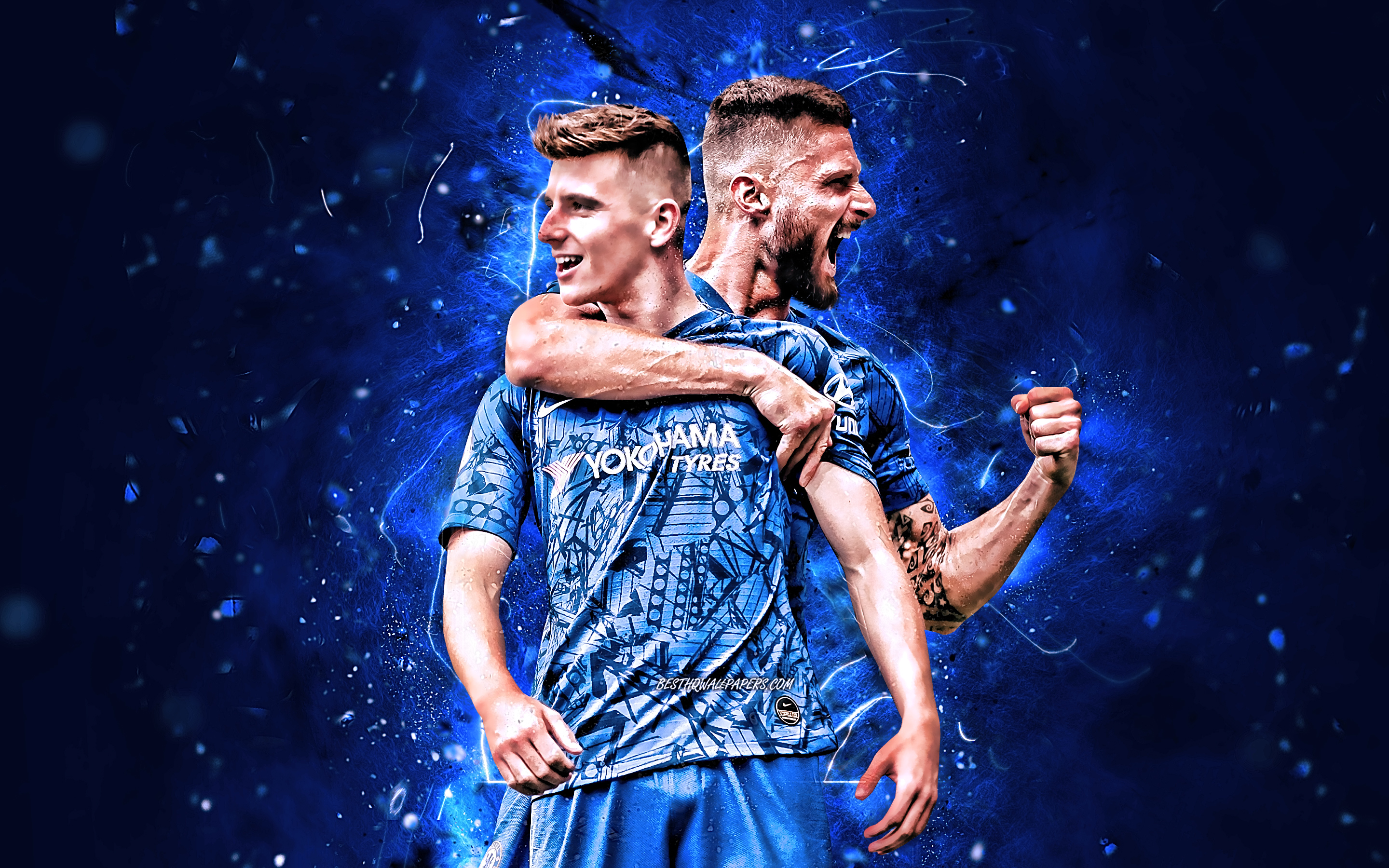 Download wallpaper Mason Mount and Olivier Giroud, goal, Chelsea FC, english footballers, Premier League, soccer, Olivier Giroud, Mount Chelsea, football, neon lights, England for desktop with resolution 2880x1800. High Quality HD picture