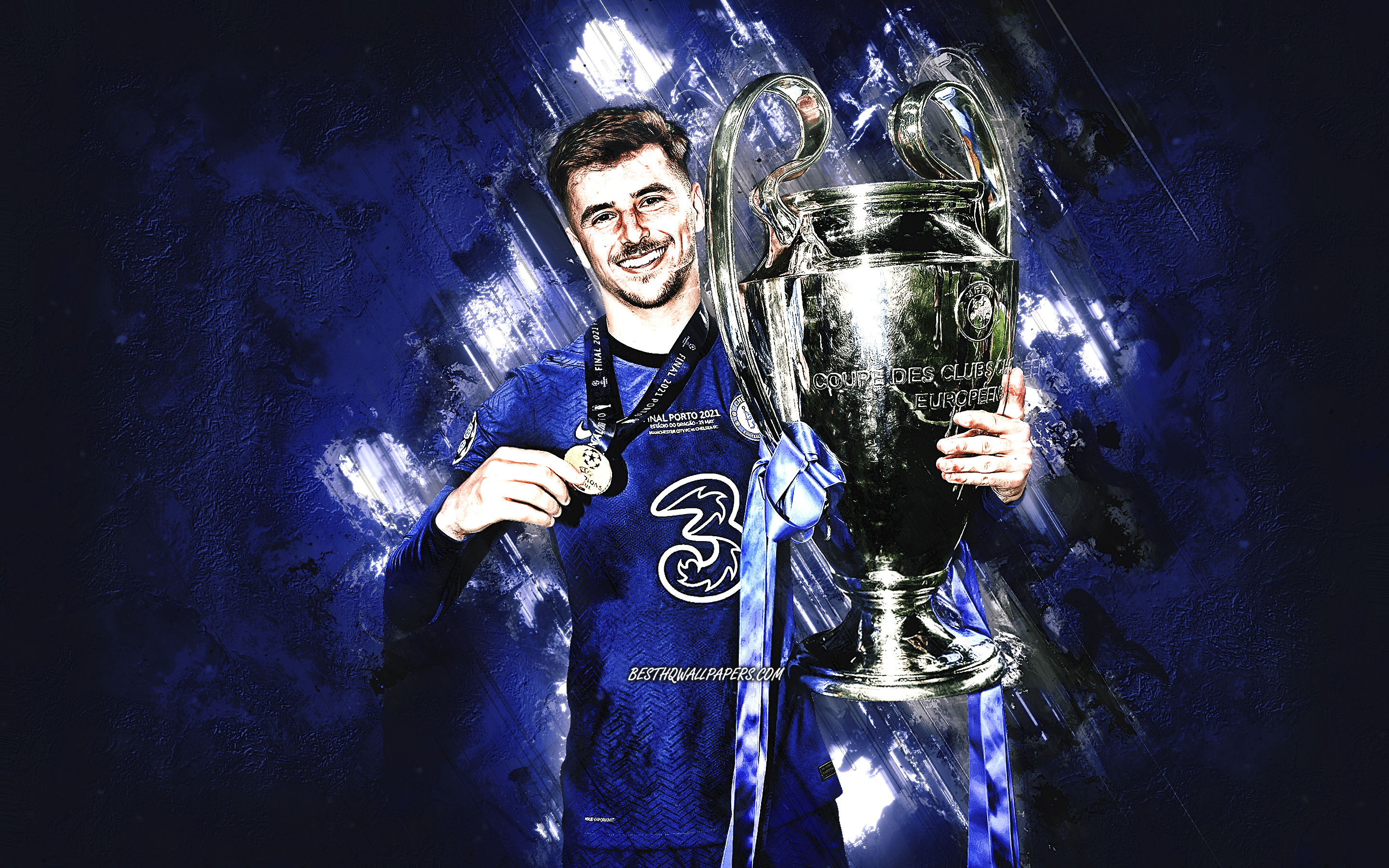 Download wallpaper Mason Mount, Chelsea FC, Champions League cup, English footballer, blue stone background, soccer, grunge art for desktop with resolution 2880x1800. High Quality HD picture wallpaper