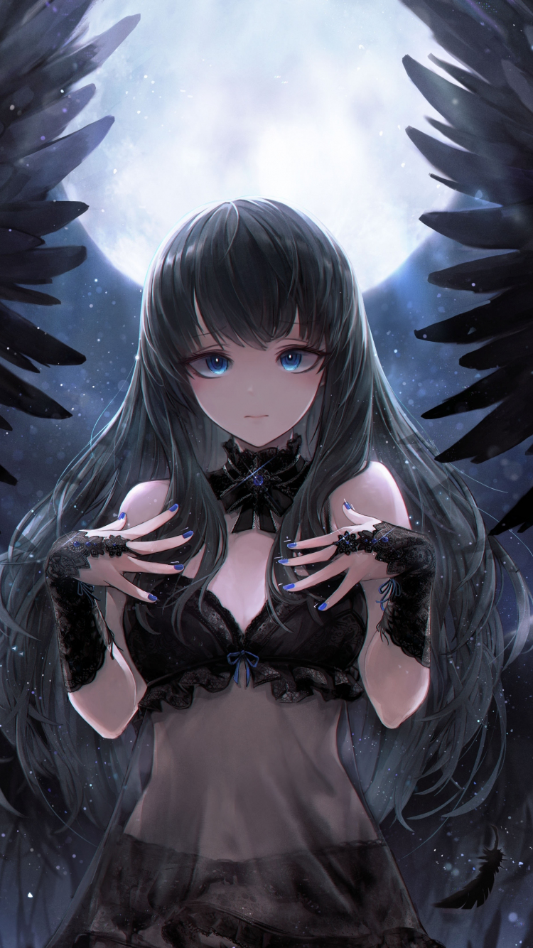 Download black angel, cute, anime girl, art 750x1334 wallpaper, iphone iphone 750x1334 HD image, background, 15859