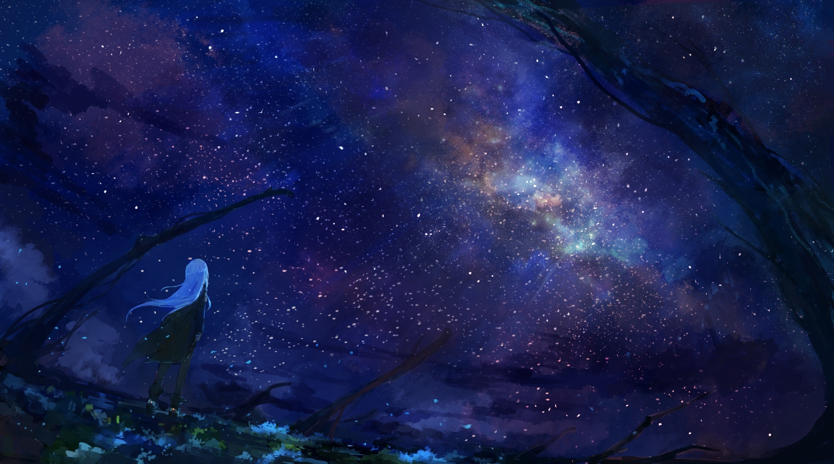 Wallpaper Anime Girl, Boots, Scenic, Night, Back View, Anime Starry Sky:2693x1500