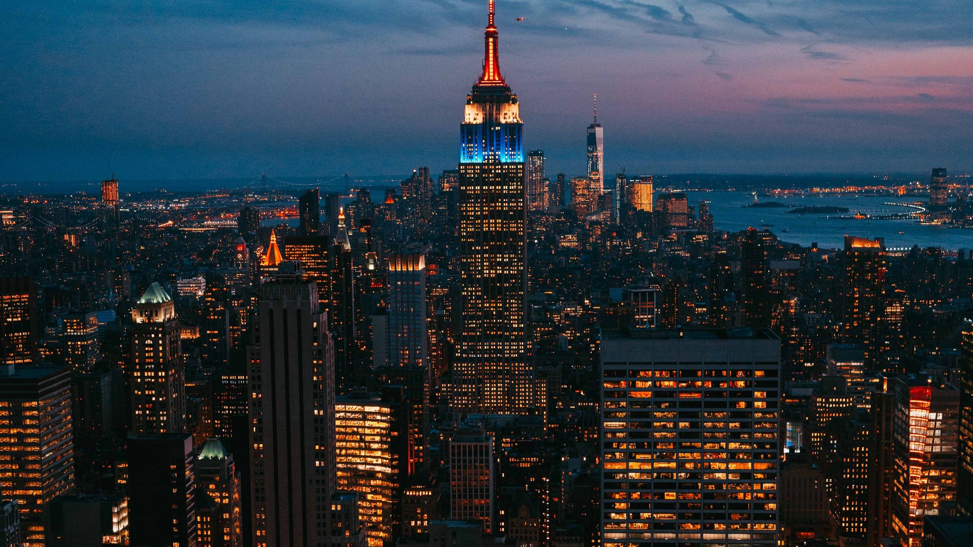 Download wallpaper 1920x1080 night city, city lights, skyscraper, new york, metropolis, top view, usa full hd, hdtv, fhd, 1080p HD background
