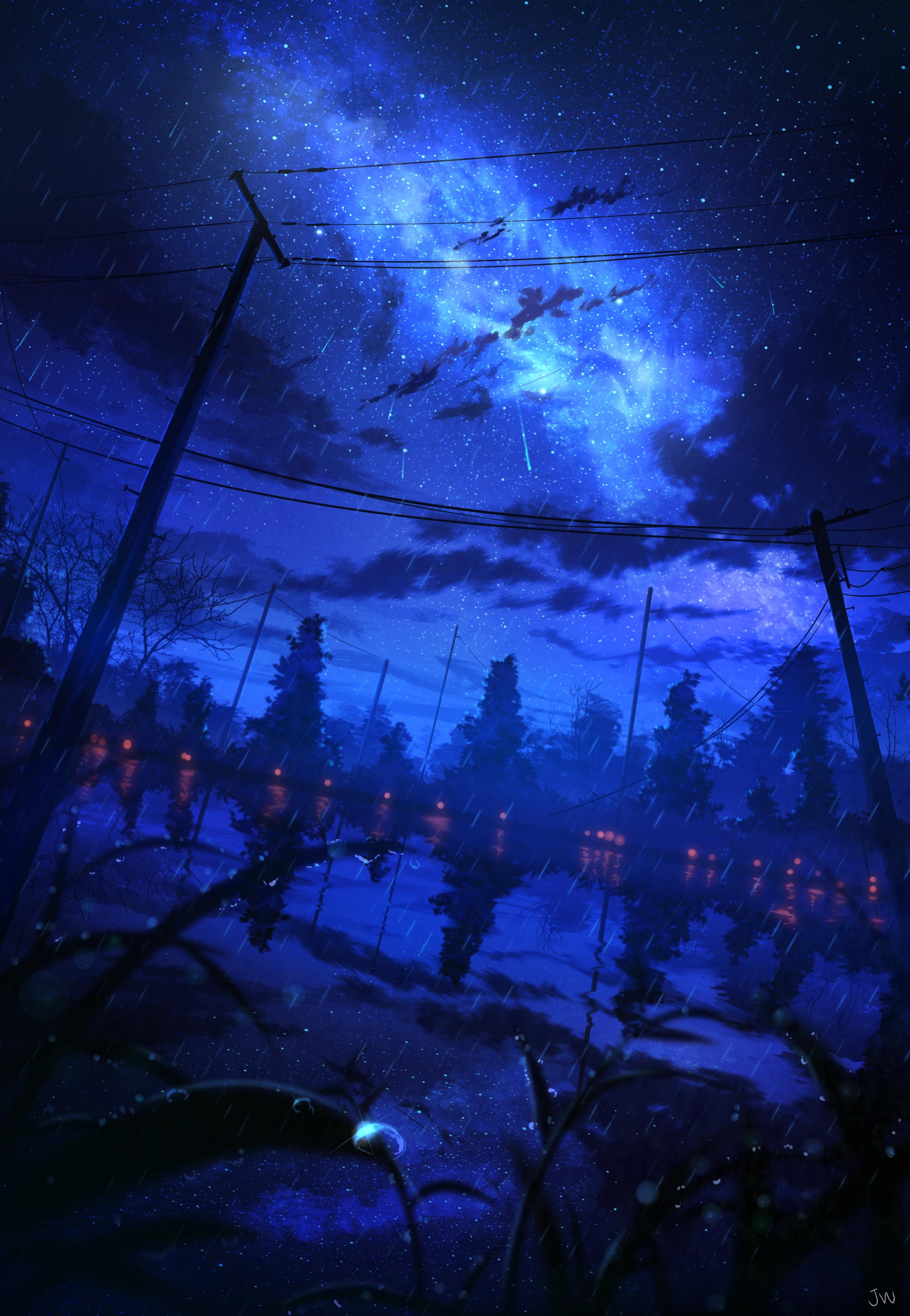 Wallpaper Anime Night, Starry Sky, Scenery, Raining:2549x3687