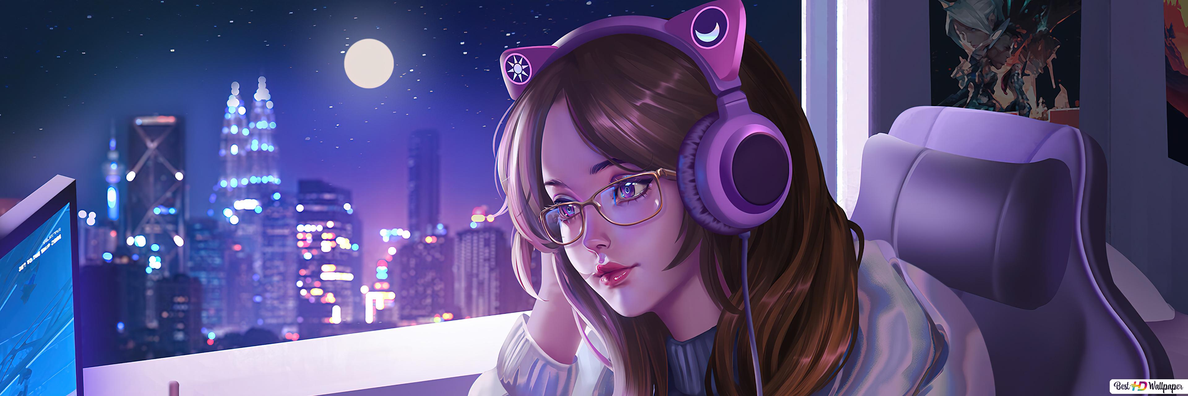 Anime Girl Lofi Cat HD wallpaper download