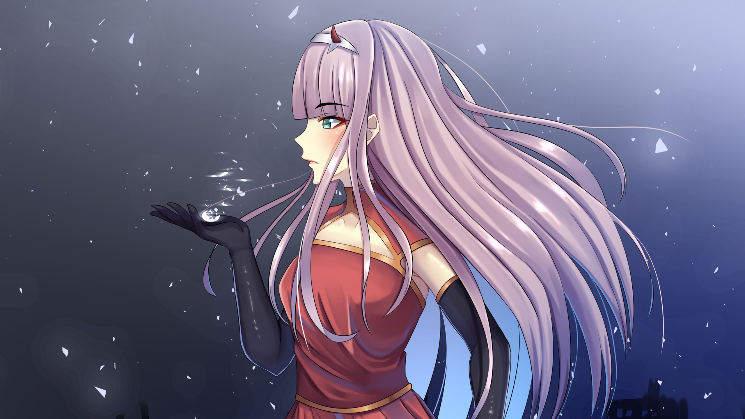 darling in the franxx zero two wearing red dress and black gloves with gray background HD anime Wallpaper