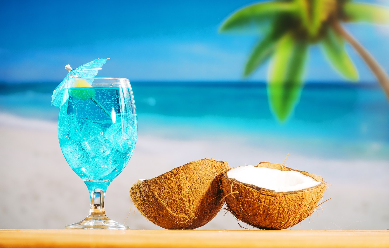 Wallpaper beach, summer, stay, coconut, cocktail, summer, beach, vacation, fruit, drink, coconut, vacation, tropical, palm image for desktop, section еда