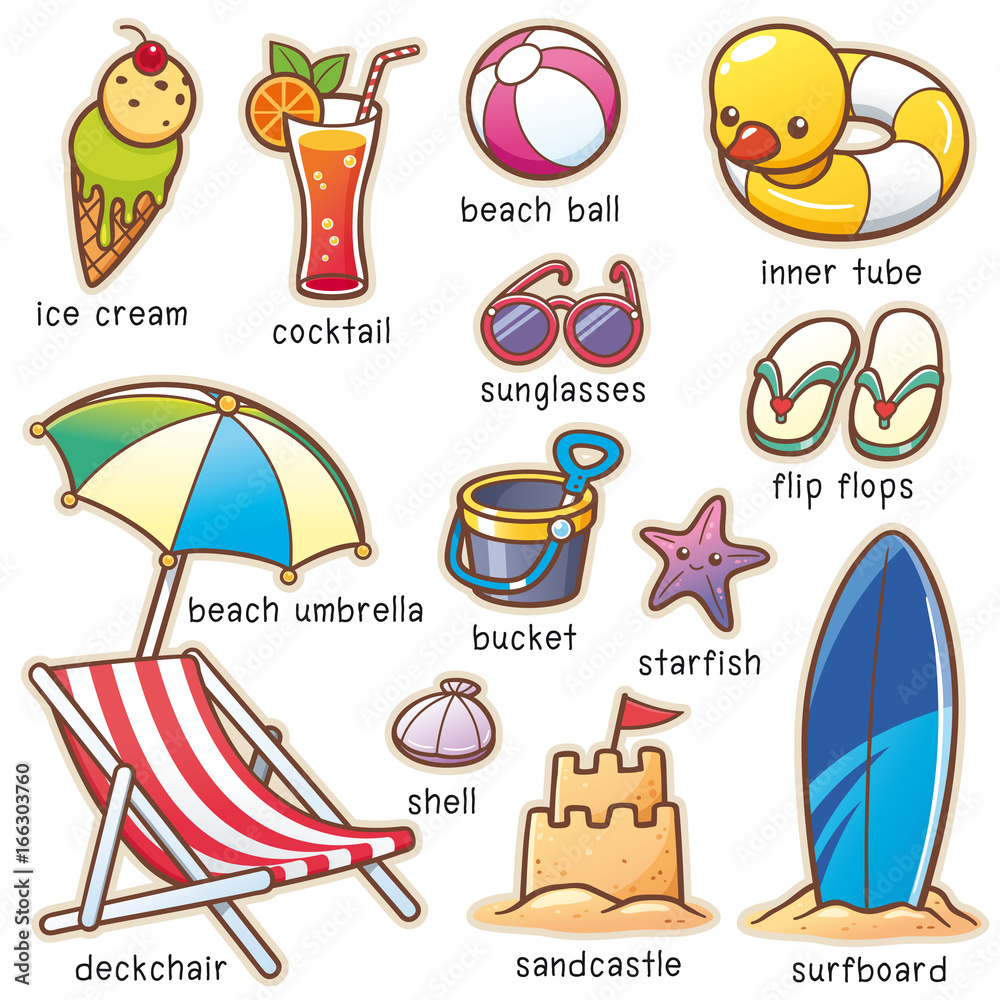 Vector illustration of Cartoon Summer Vacation vocabulary Stock Vector