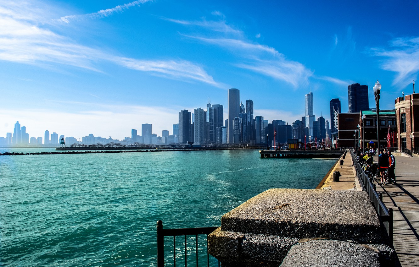 Wallpaper summer, the sky, the city, river, people, skyscrapers, Chicago, Michigan, promenade, Illinois image for desktop, section город