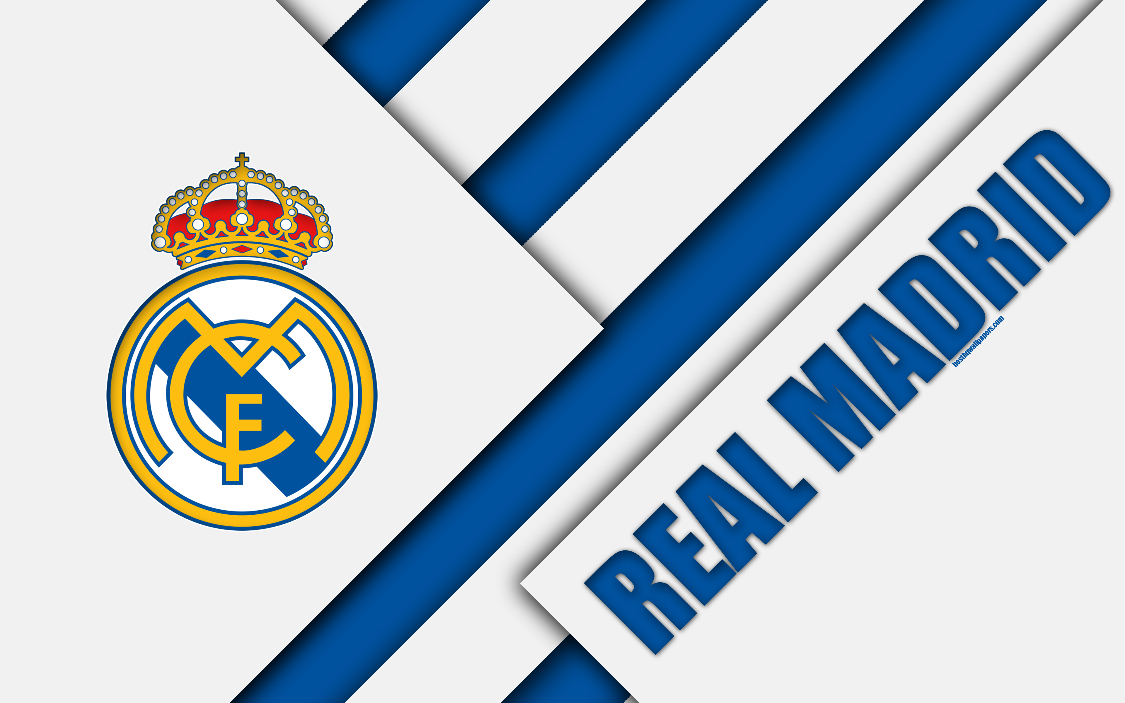 Download wallpaper Real Madrid CF, 4K, Spanish football club, Real Madrid logo, material design, blue white abstraction, football, La Liga, Madrid, Spain for desktop with resolution 3840x2400. High Quality HD picture wallpaper