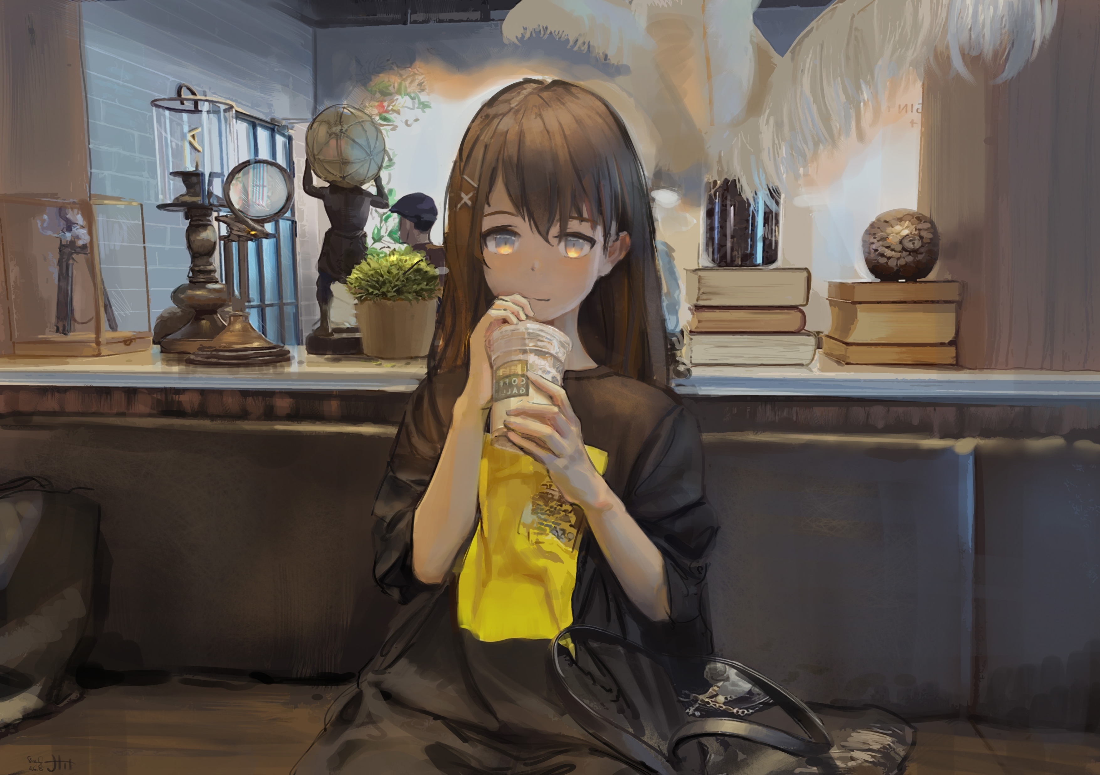 Wallpaper Anime Girl, Sweater, Brown Hair, Coffee:3508x2473