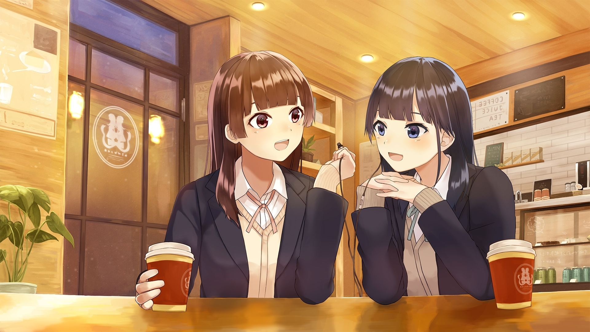 Wallpaper Anime Girls, Cafe, Drinks, Coffee, Friends:1920x1080