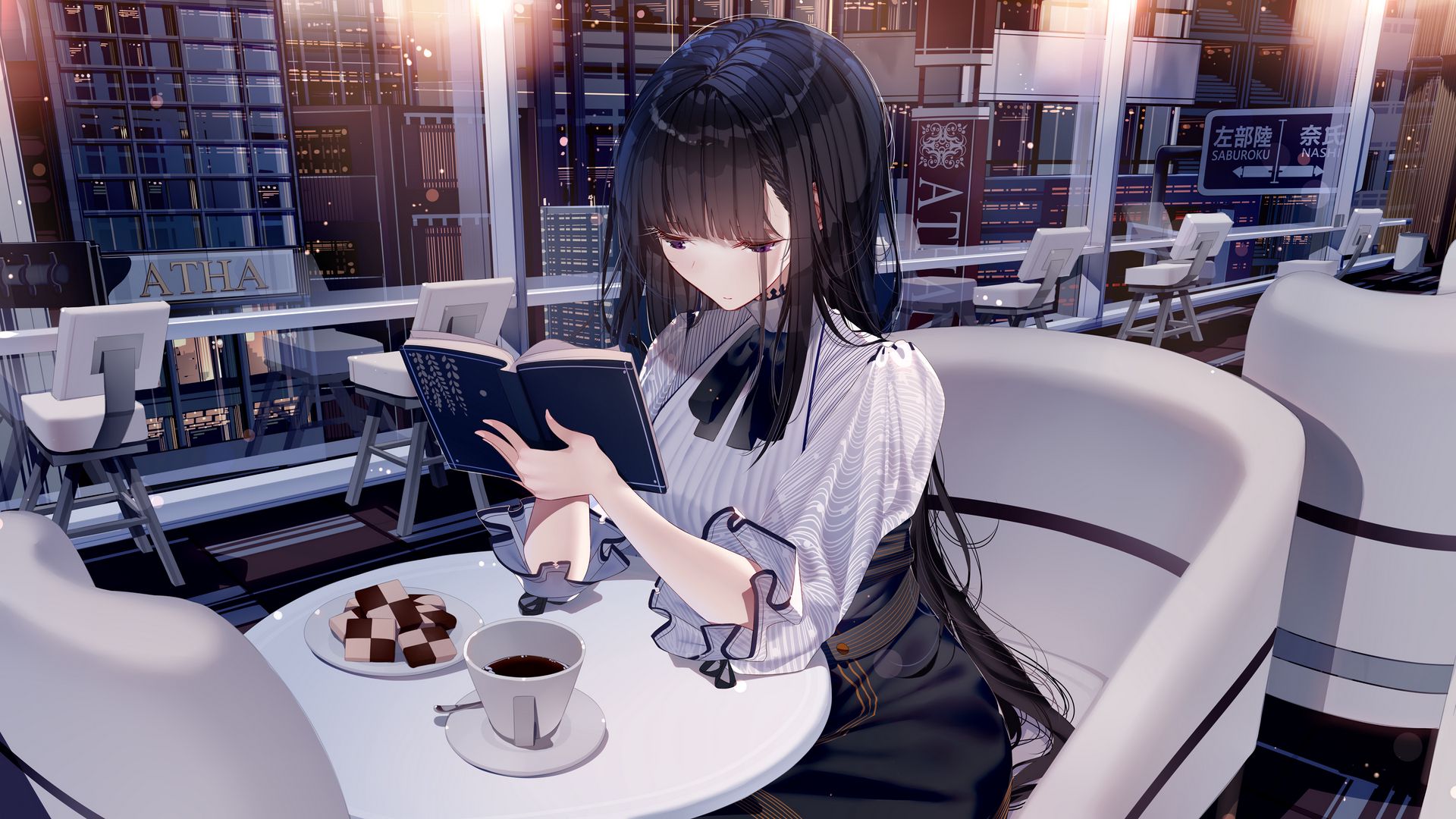 Download wallpaper 1920x1080 girl, book, coffee, restaurant, anime full hd, hdtv, fhd, 1080p HD background