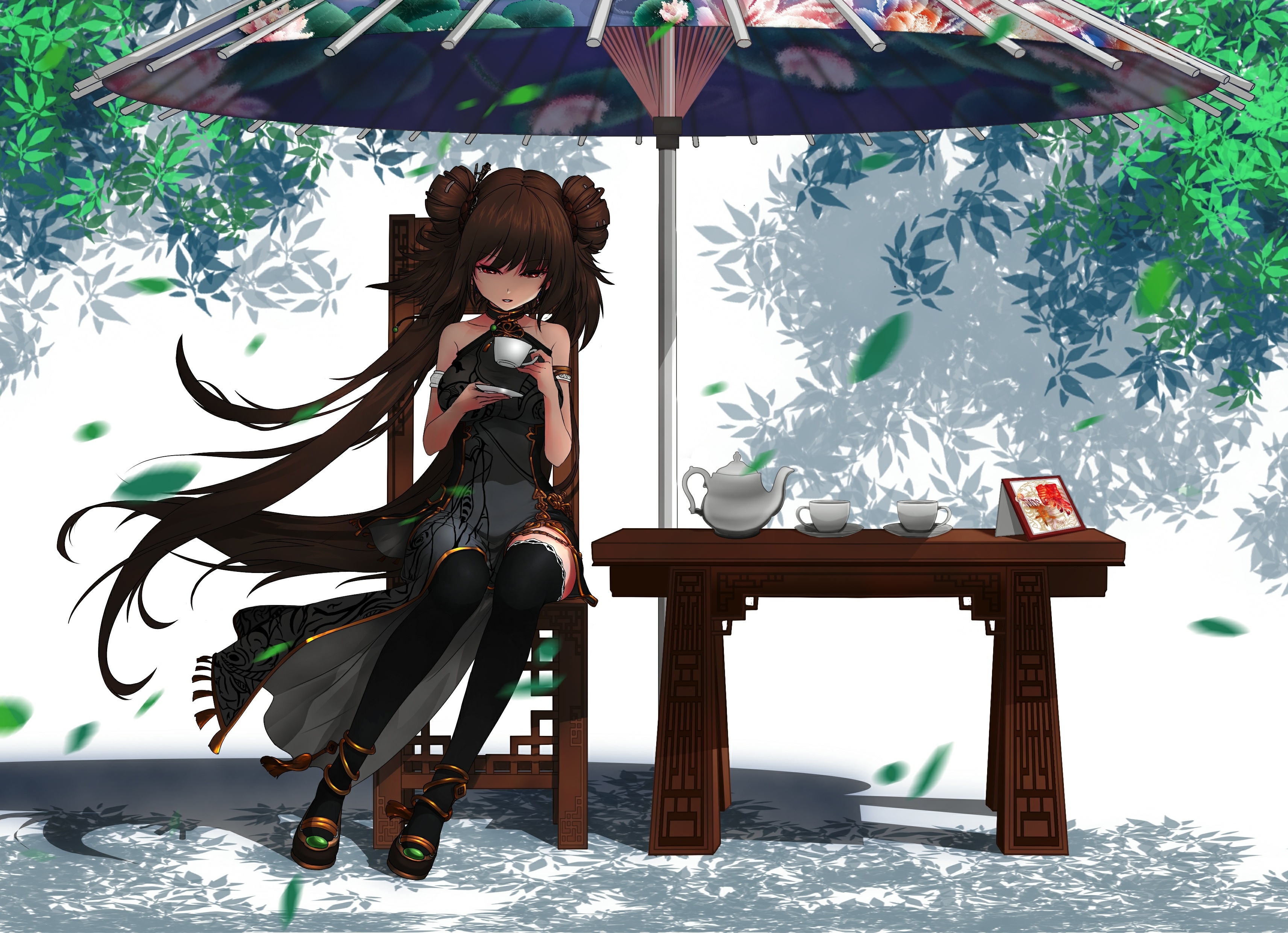 Wallpaper Anime Girl, Sitting, Dungeon And Fighter, Coffee, Brown Hair, Anime Style:3425x2480
