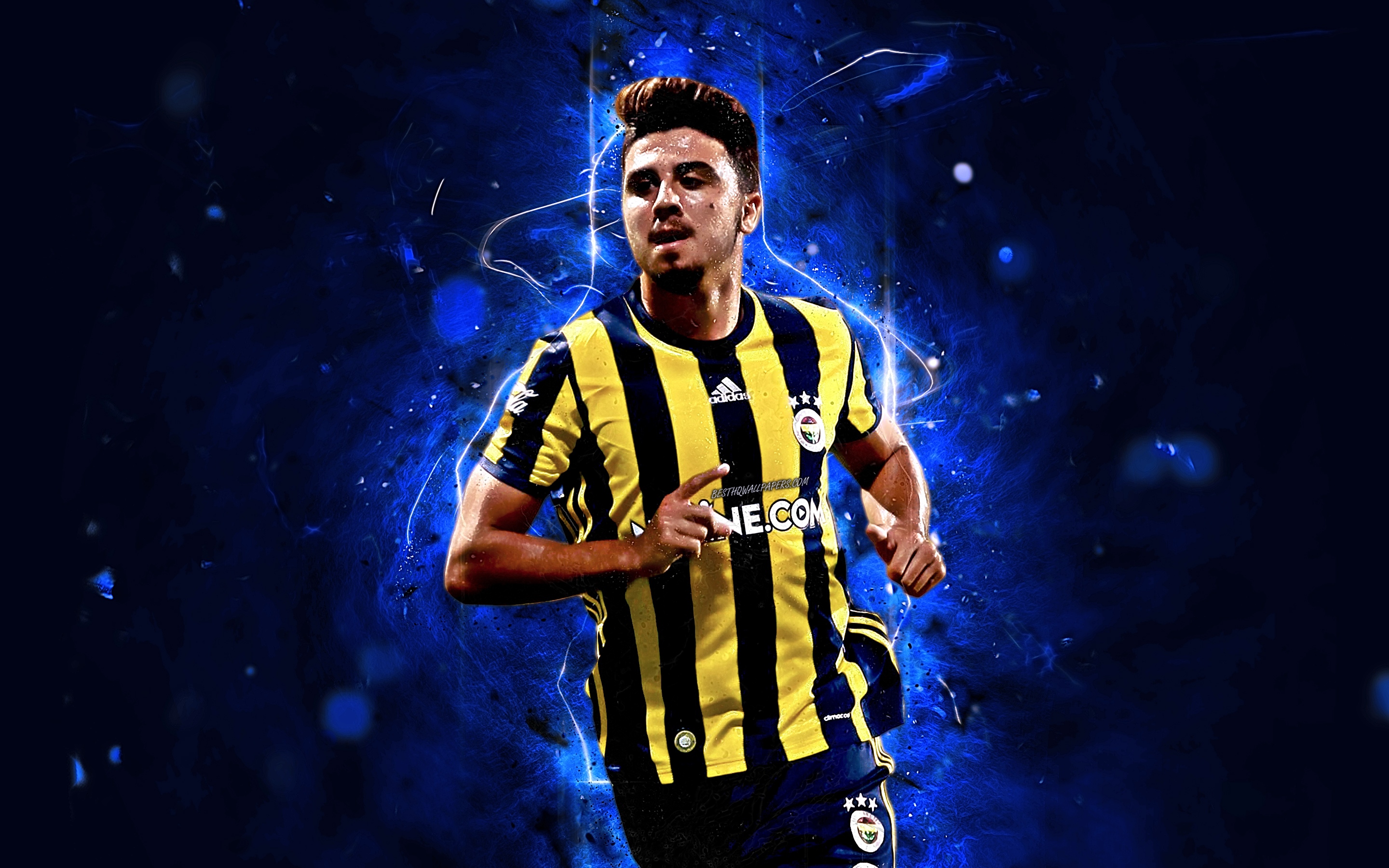 Download wallpaper Ozan Tufan, abstract art, turkish footballers, Fenerbahce FC, soccer, Tufan, neon lights, Turkish Super Lig, creative for desktop with resolution 2880x1800. High Quality HD picture wallpaper