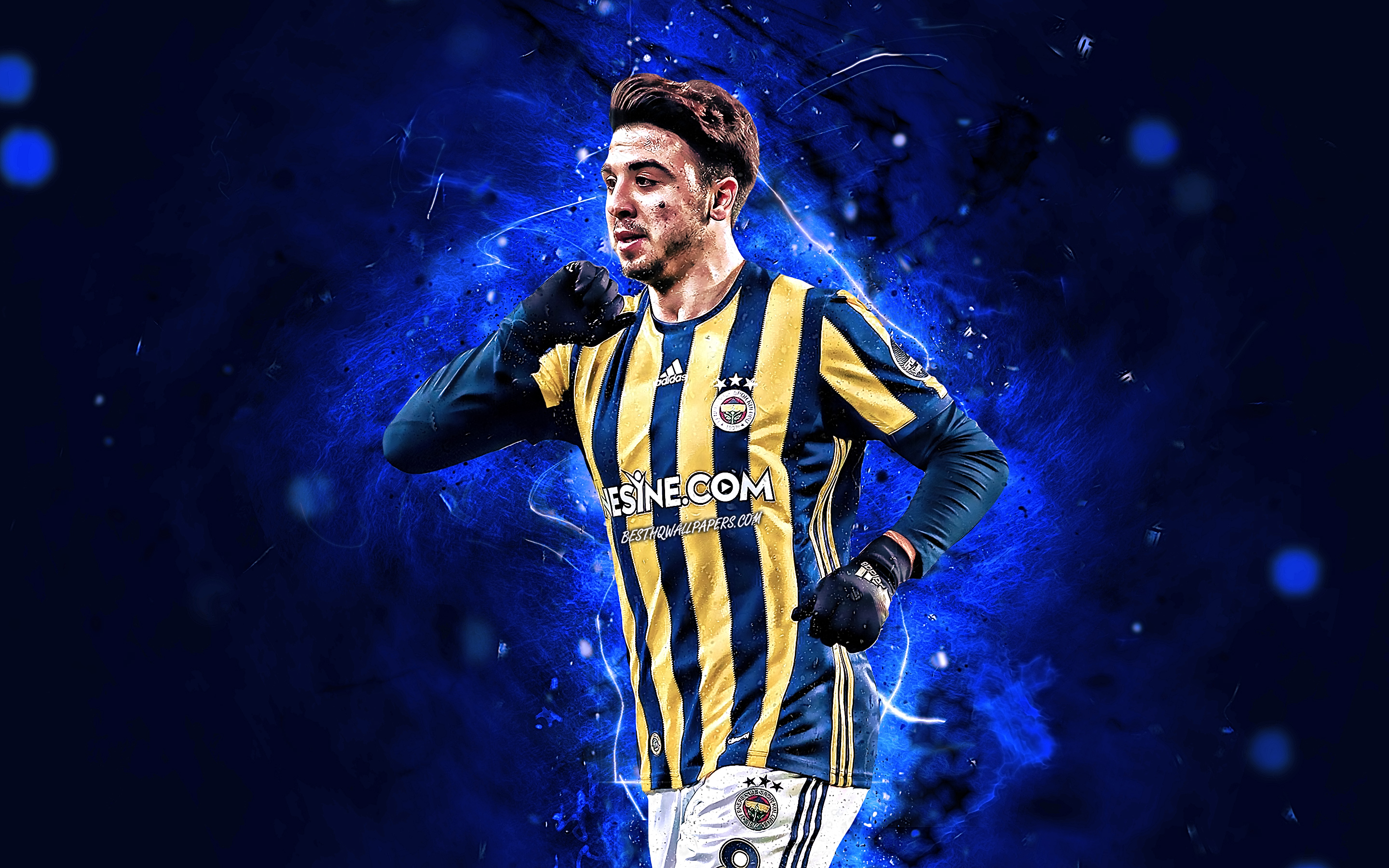 Download wallpaper Ozan Tufan, goal, turkish footballers, Fenerbahce FC, soccer, Tufan, neon lights, abstract art, Turkish Super Lig, creative for desktop with resolution 2880x1800. High Quality HD picture wallpaper