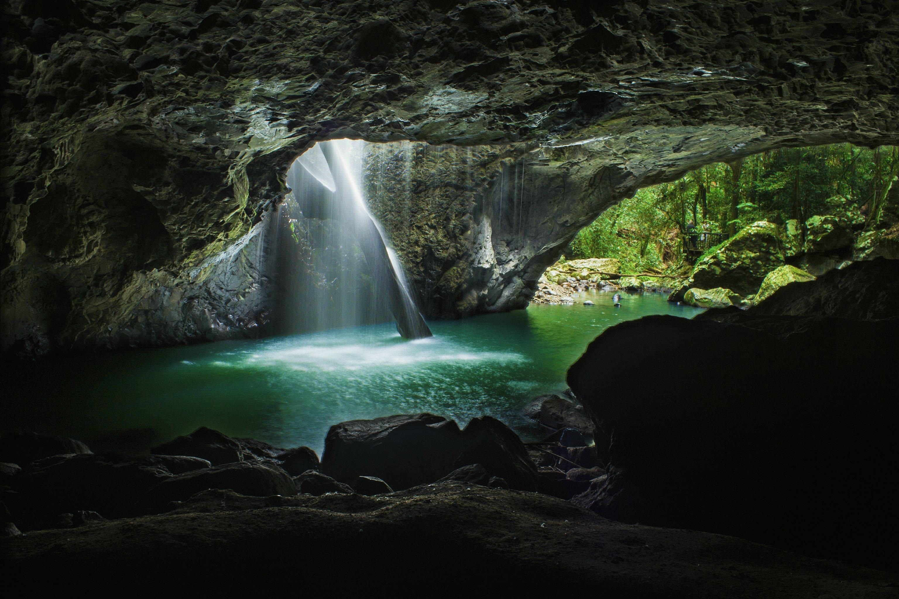 Waterfall and Natural Bridge in Forest