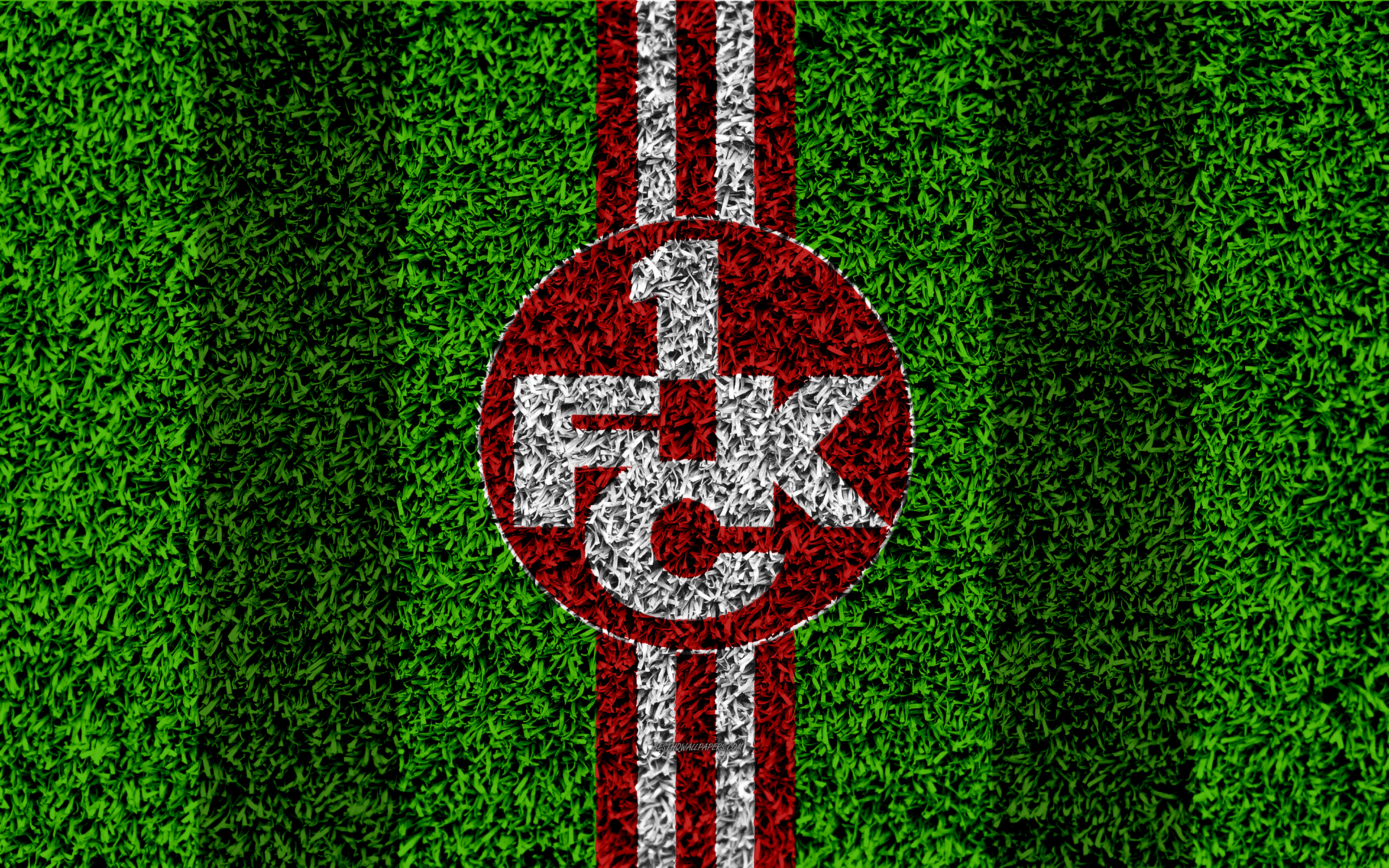Download wallpaper Kaiserslautern FC, FCK DE, 4k, German football club, football lawn, logo, emblem, red white lines, Bundesliga 2, Kaiserslautern, Germany, football, grass texture for desktop with resolution 3840x2400. High Quality HD