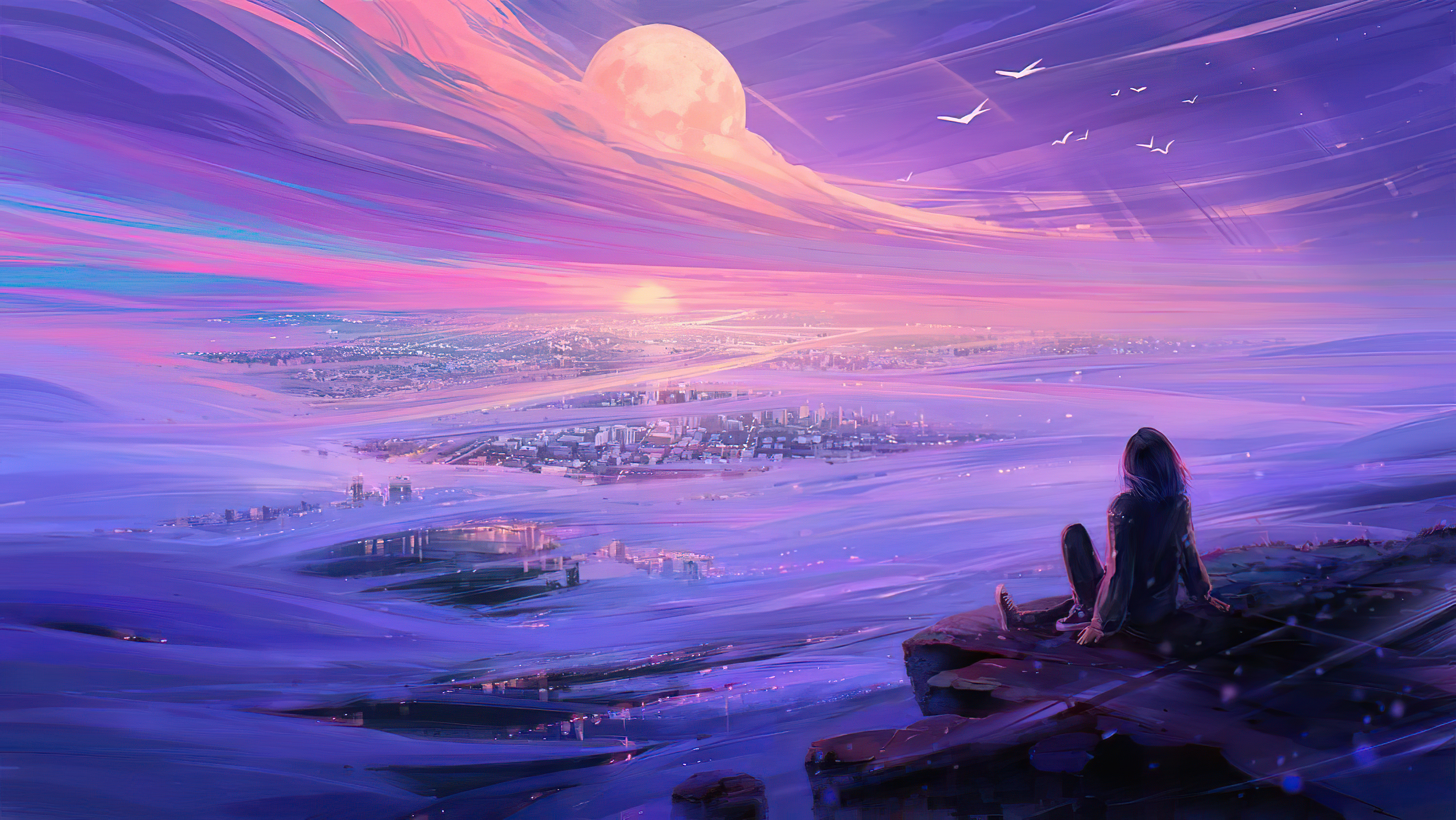 Girl looking at the moon Aesthetic Wallpaper 4k for Desktop