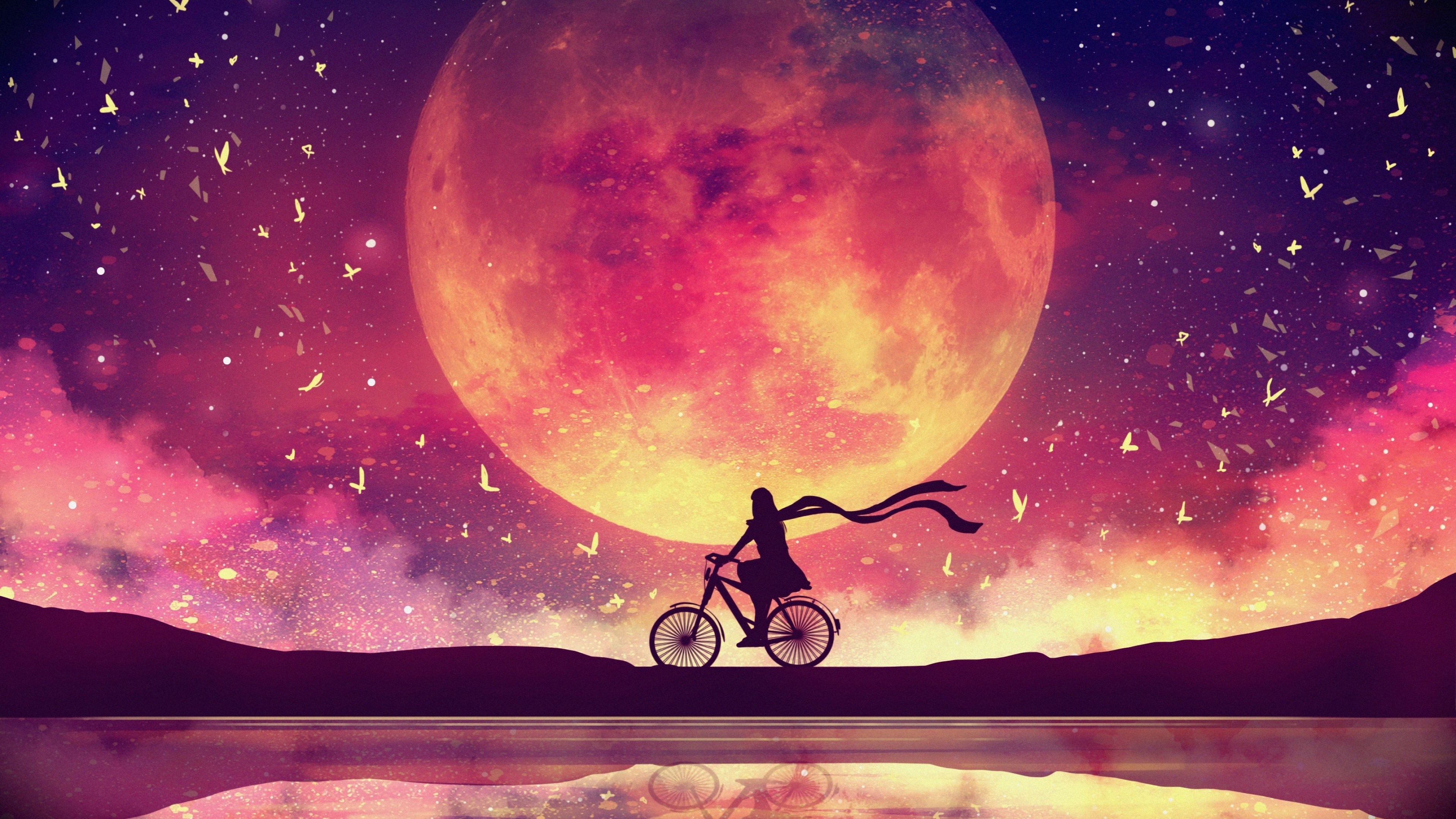 Moon Wallpaper 4K, Girl, Dream, Lake, Bicycle, Surreal, Evening, Fantasy