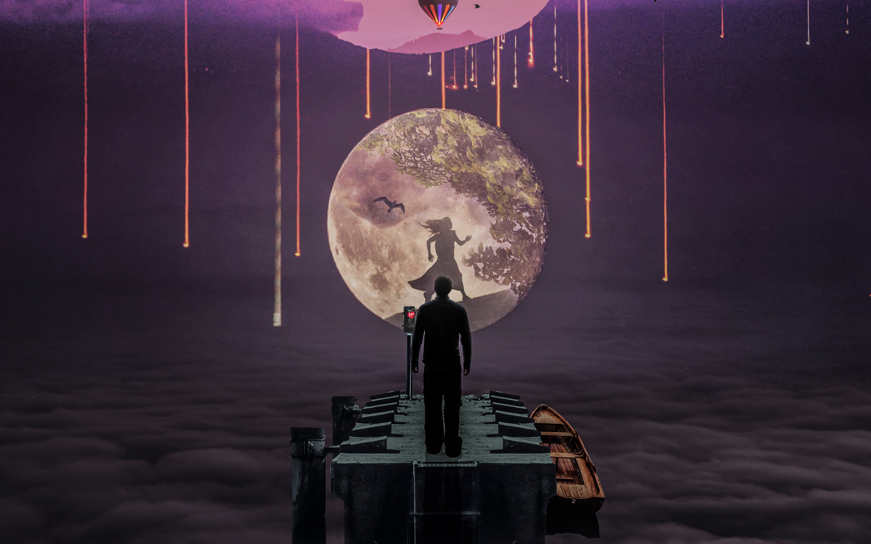 Man Wallpaper 4K, Moon, Girl, Dream girl, Surreal, Night, Fantasy