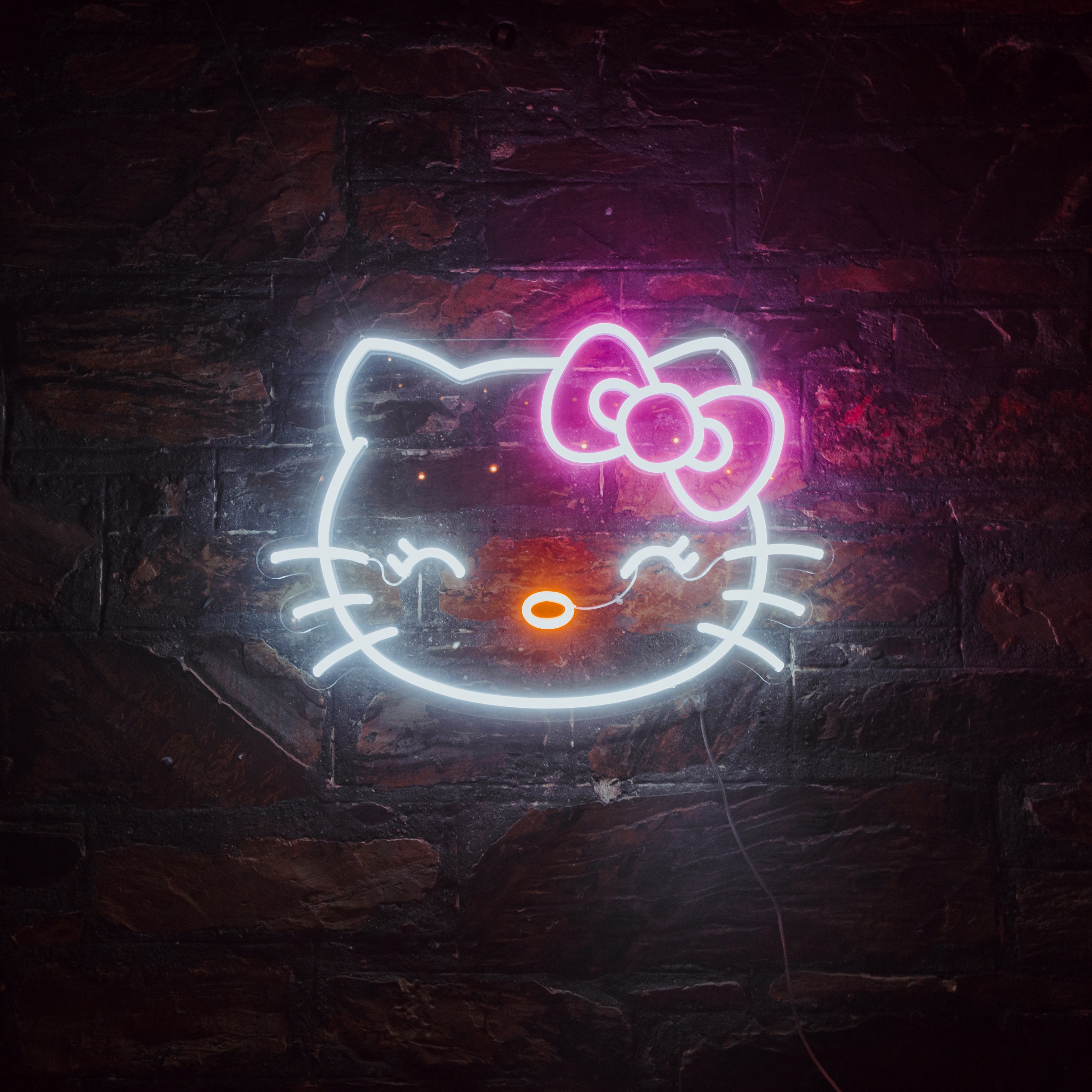 Hello Kitty Wallpaper 4K, Neon sign, Cute, Glowing, Dark background, Night, Photography