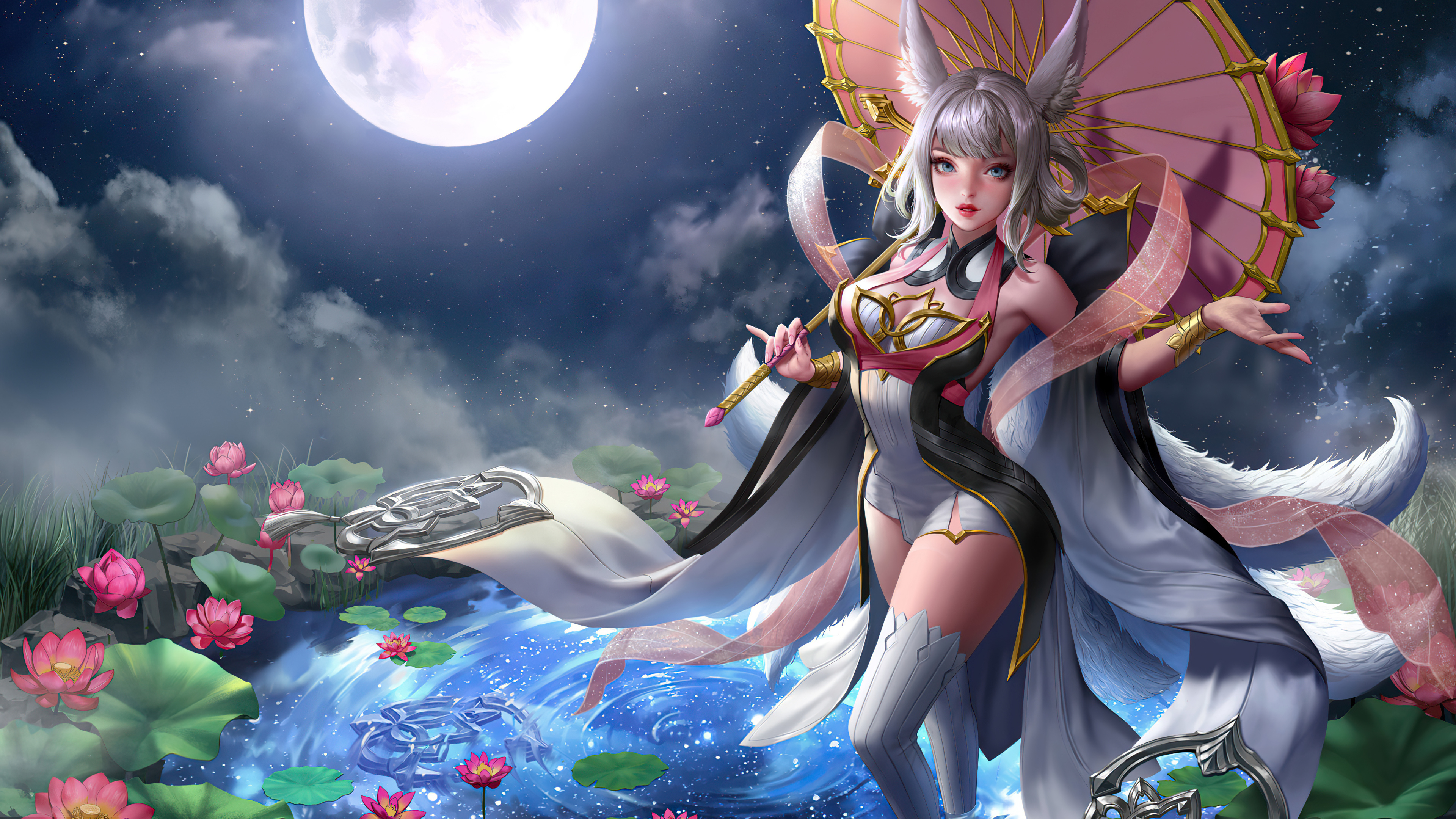 Anime Girl Water Lilies Moon 4k 4k HD 4k Wallpaper, Image, Background, Photo and Picture