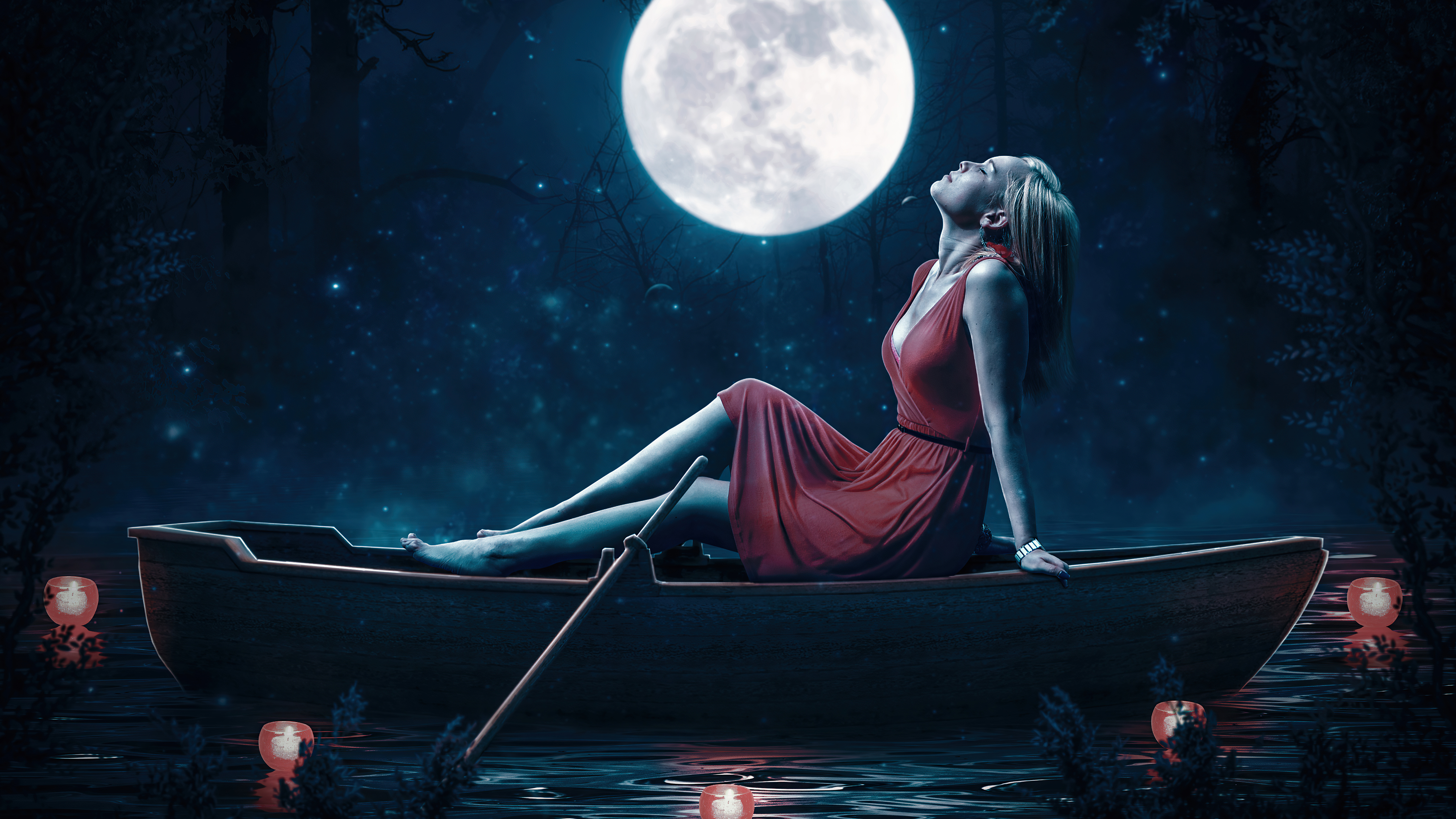 Girl Relaxing Red Dress Boat Moon 5k, HD Artist, 4k Wallpaper, Image, Background, Photo and Picture