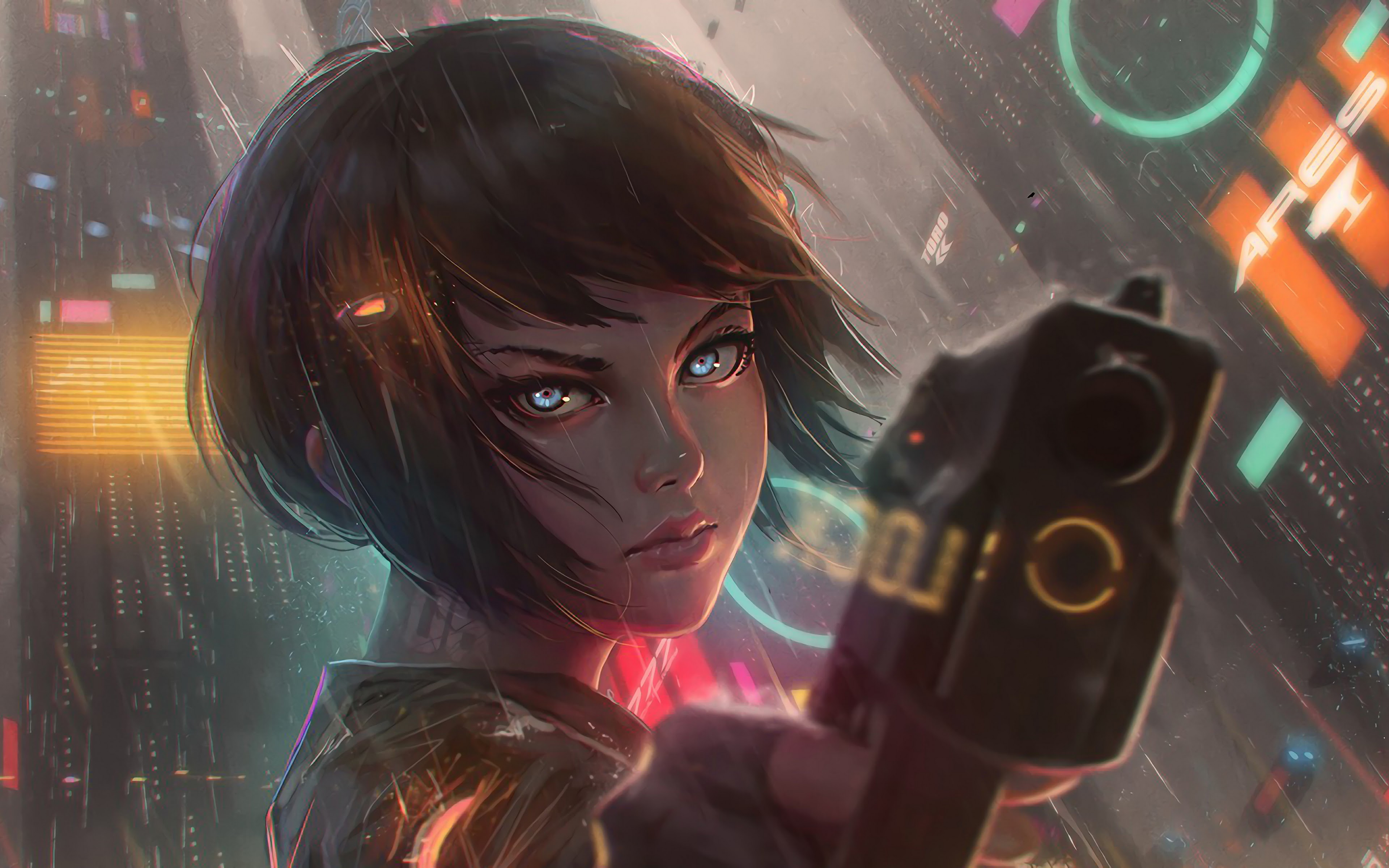 Cyberpunk Anime Girl Pistol Gun 4K Wallpaper