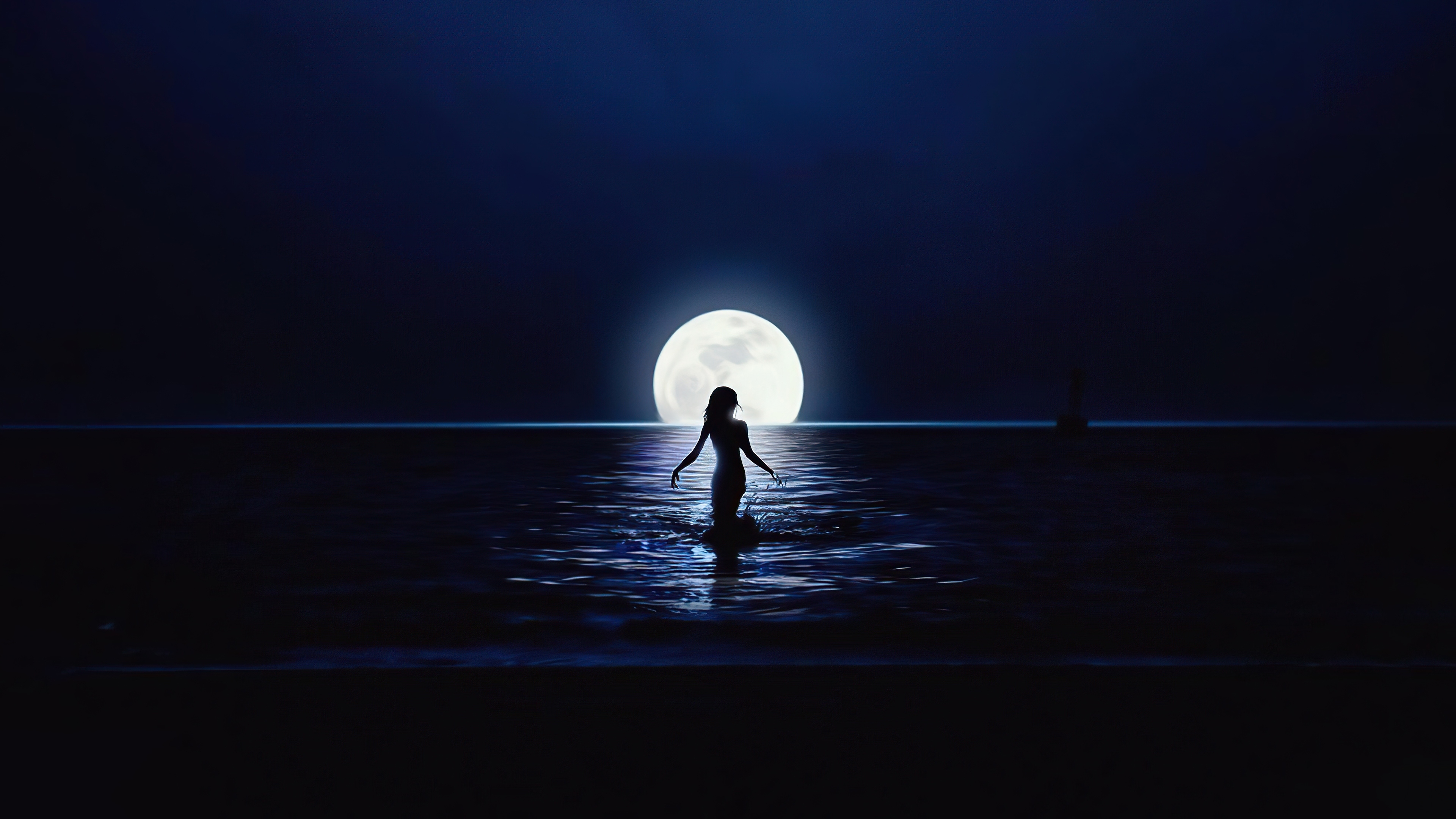 Download 3840x2160 girl and moon, ocean, silhouette 4k wallpaper, uhd wallpaper, 16:9 widescreen wallpaper, 3840x2160 HD image, background, 27678