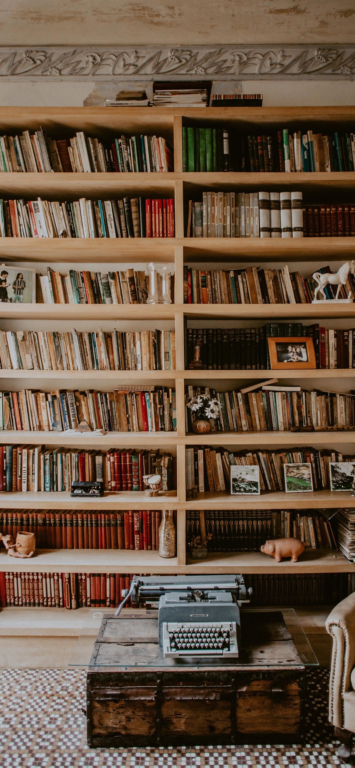 brown wooden bookshelf iPhone Wallpaper Free Download