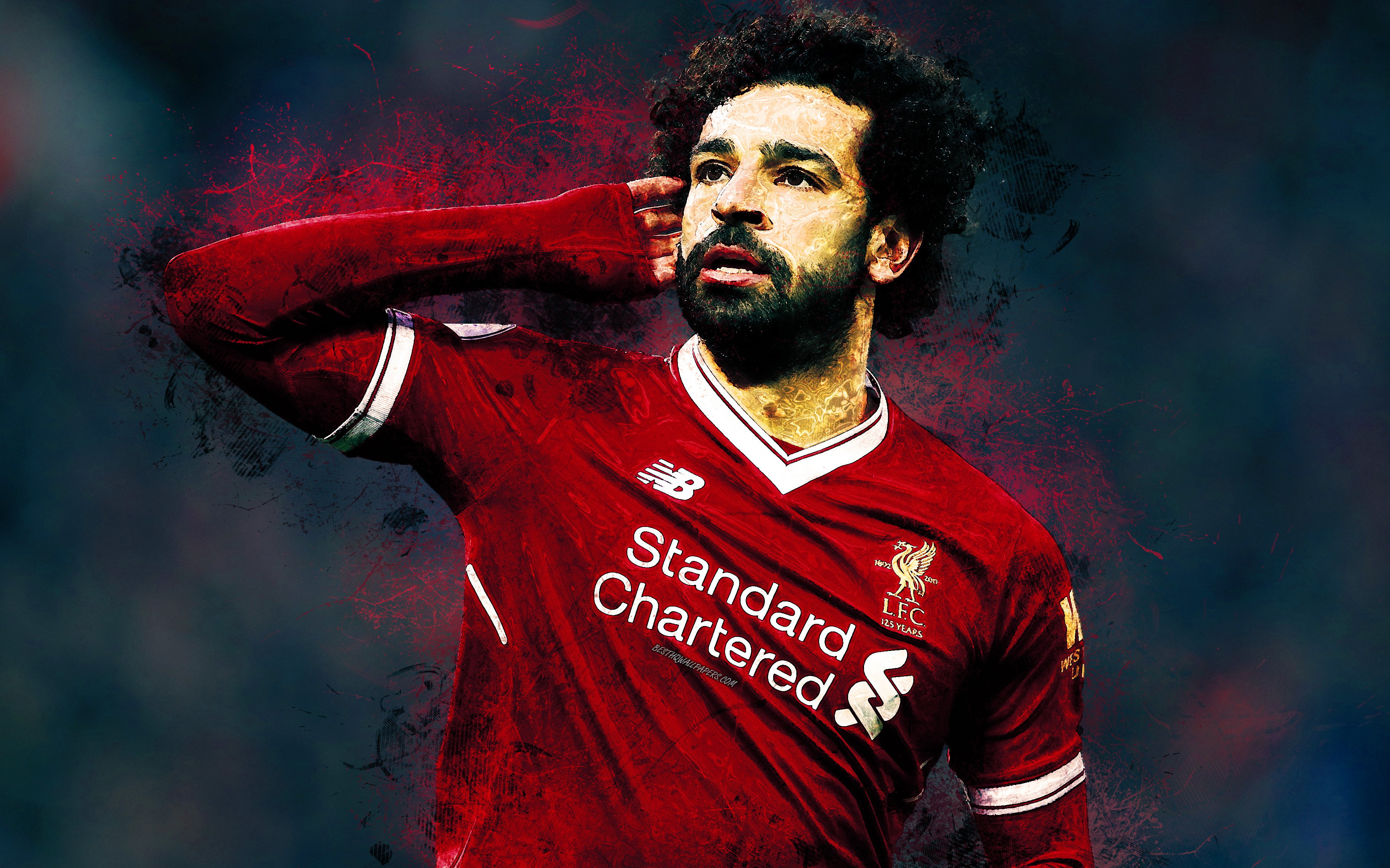 Download wallpaper Mohamed Salah, 4k, creative grunge art, portrait, Liverpool FC, football, bright lines, splashes, paint art, Egyptian football player, Premier League, England for desktop with resolution 3840x2400. High Quality HD picture