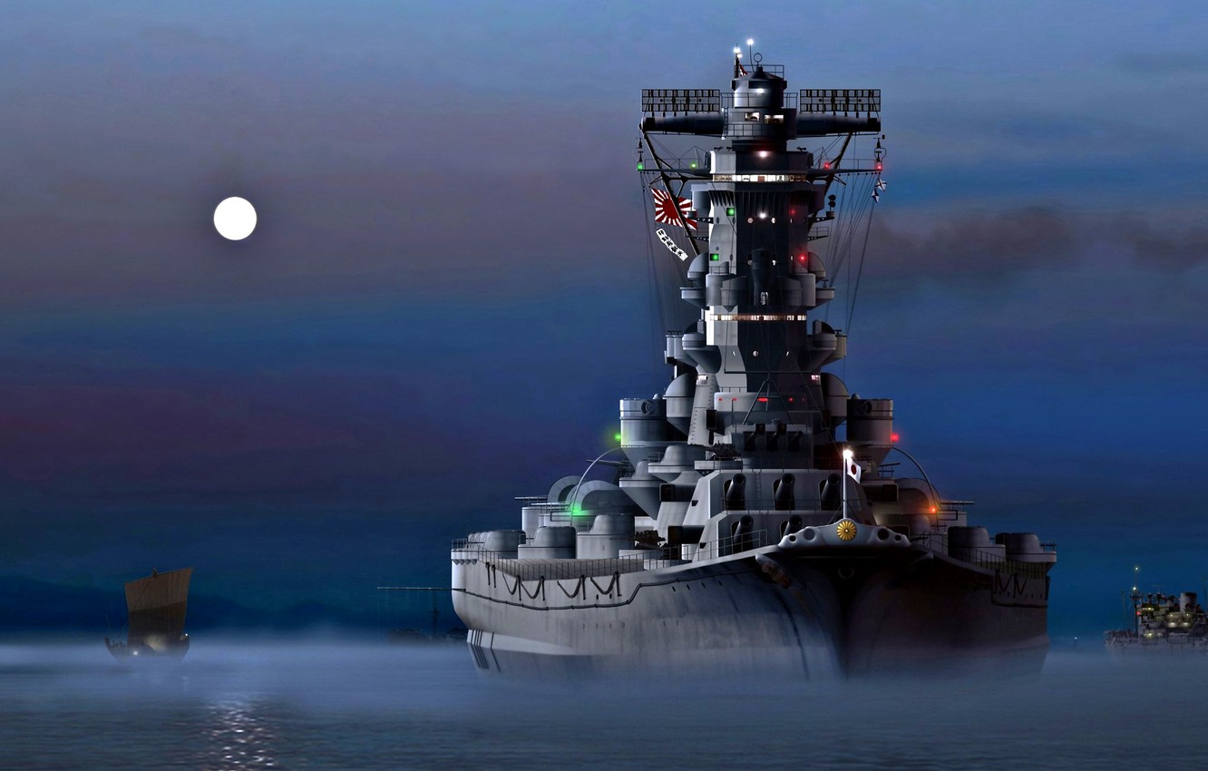 Wallpaper Night, The moon, The Imperial Japanese Navy, Battleship, The Empire Of Japan, Yamato image for desktop, section оружие