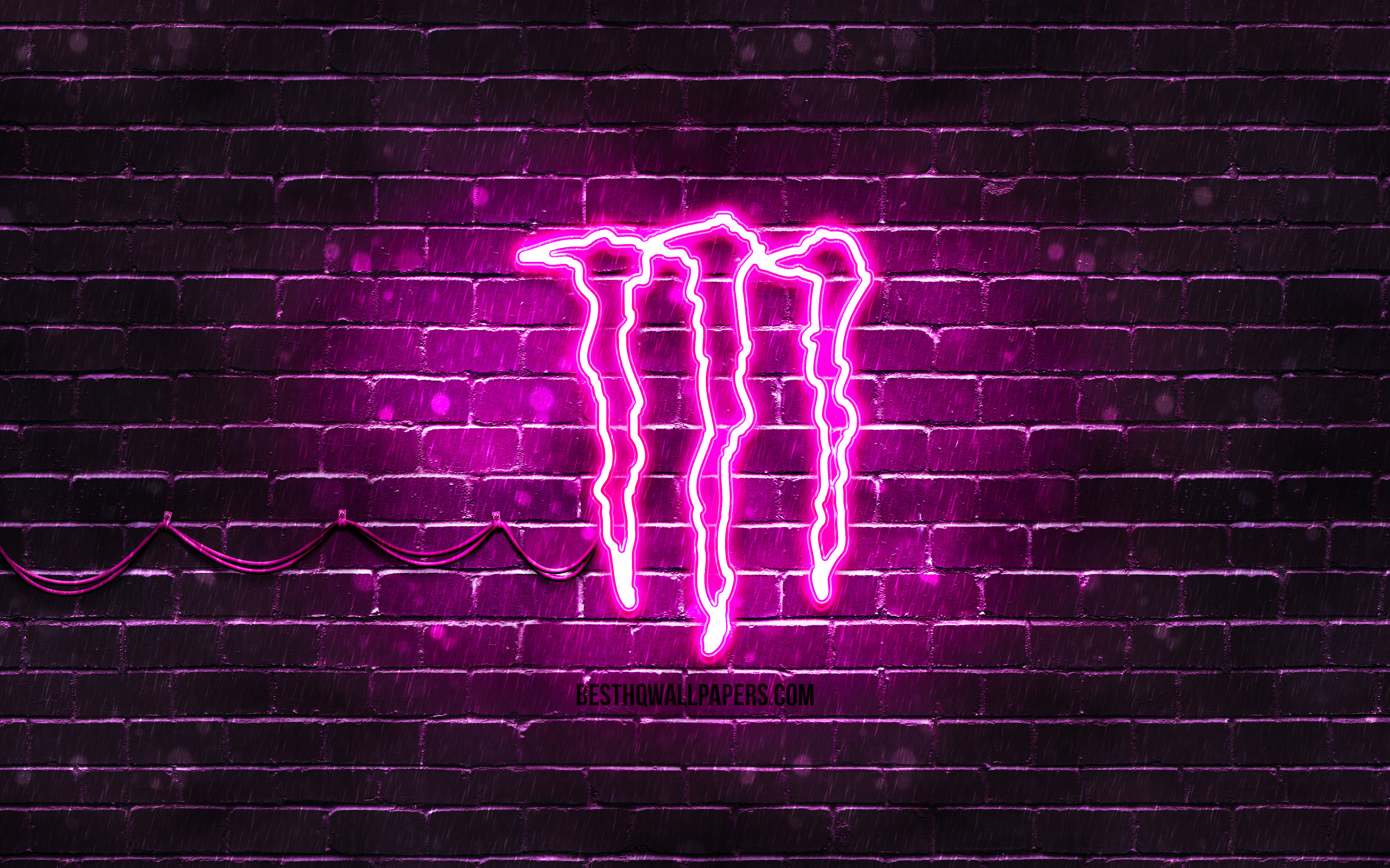 Download wallpaper Monster Energy purple logo, 4k, purple brickwall, Monster Energy logo, drinks brands, Monster Energy neon logo, Monster Energy for desktop with resolution 3840x2400. High Quality HD picture wallpaper